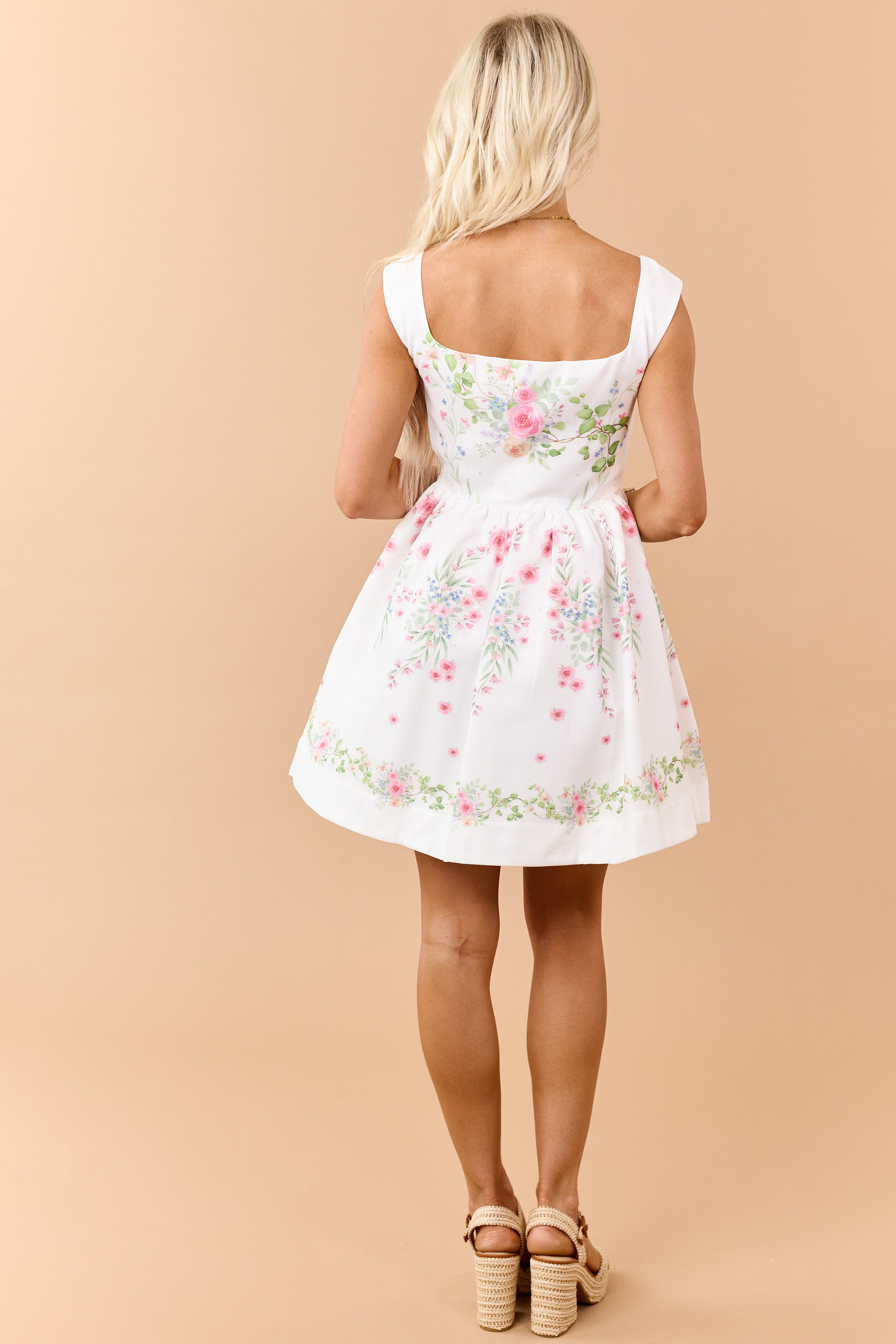 White Vintage Floral Fit and Flare Mini Dress