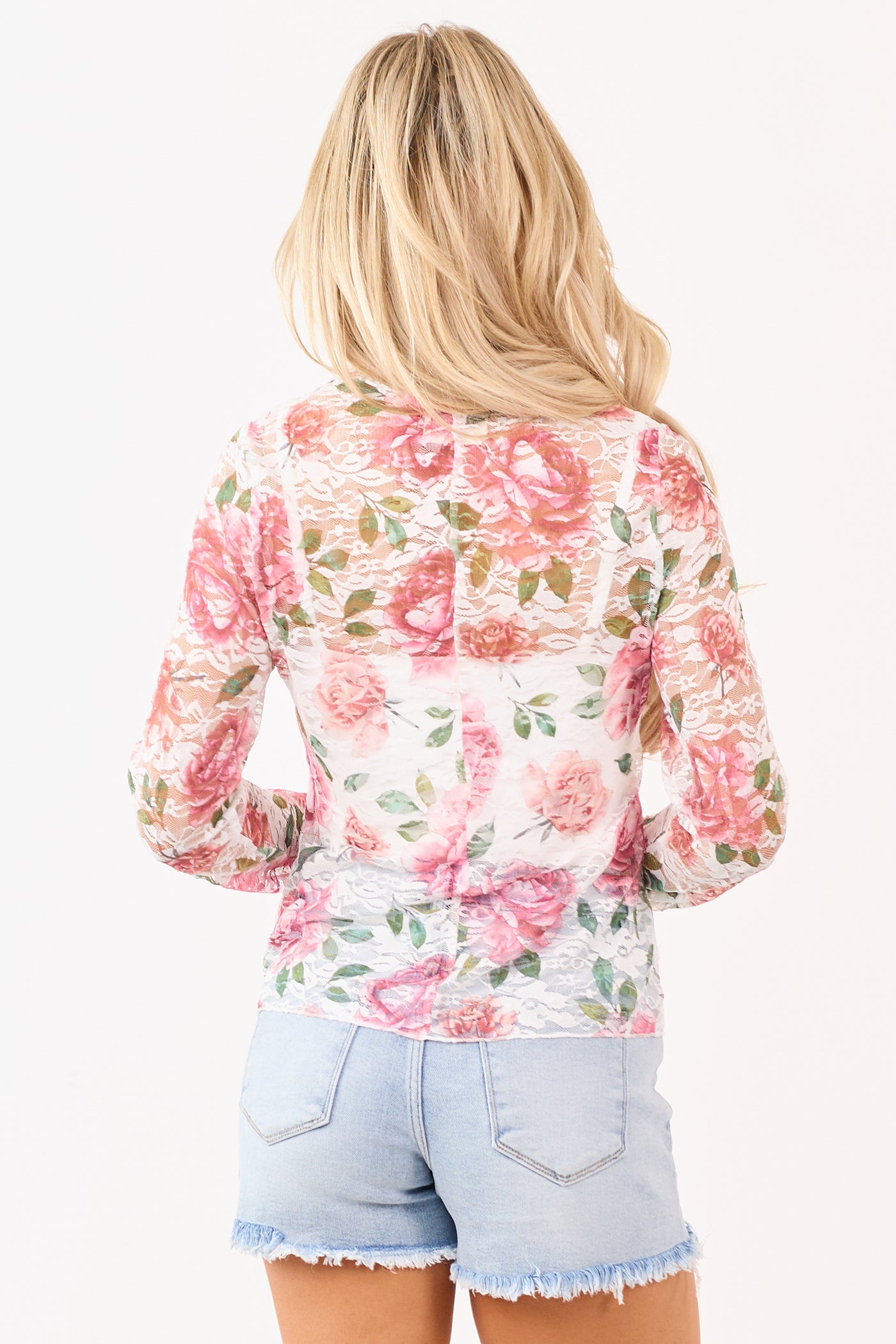 White Vintage Floral Lace Rose Print Sheer Top