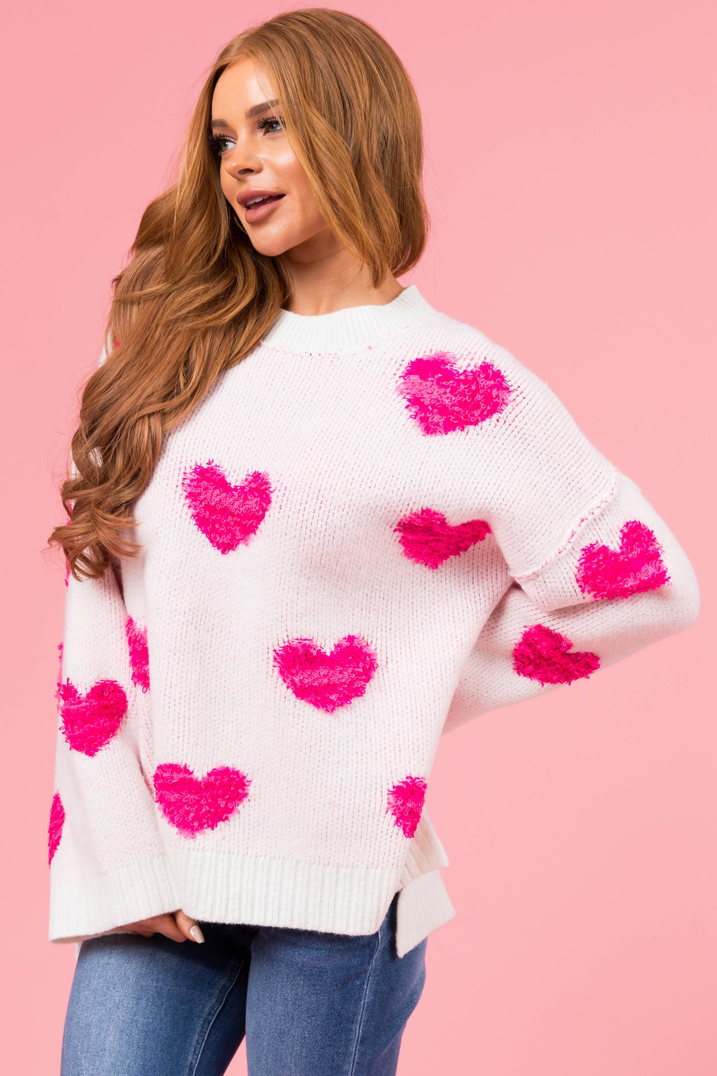 White Yarn Heart Pattern Knit Sweater