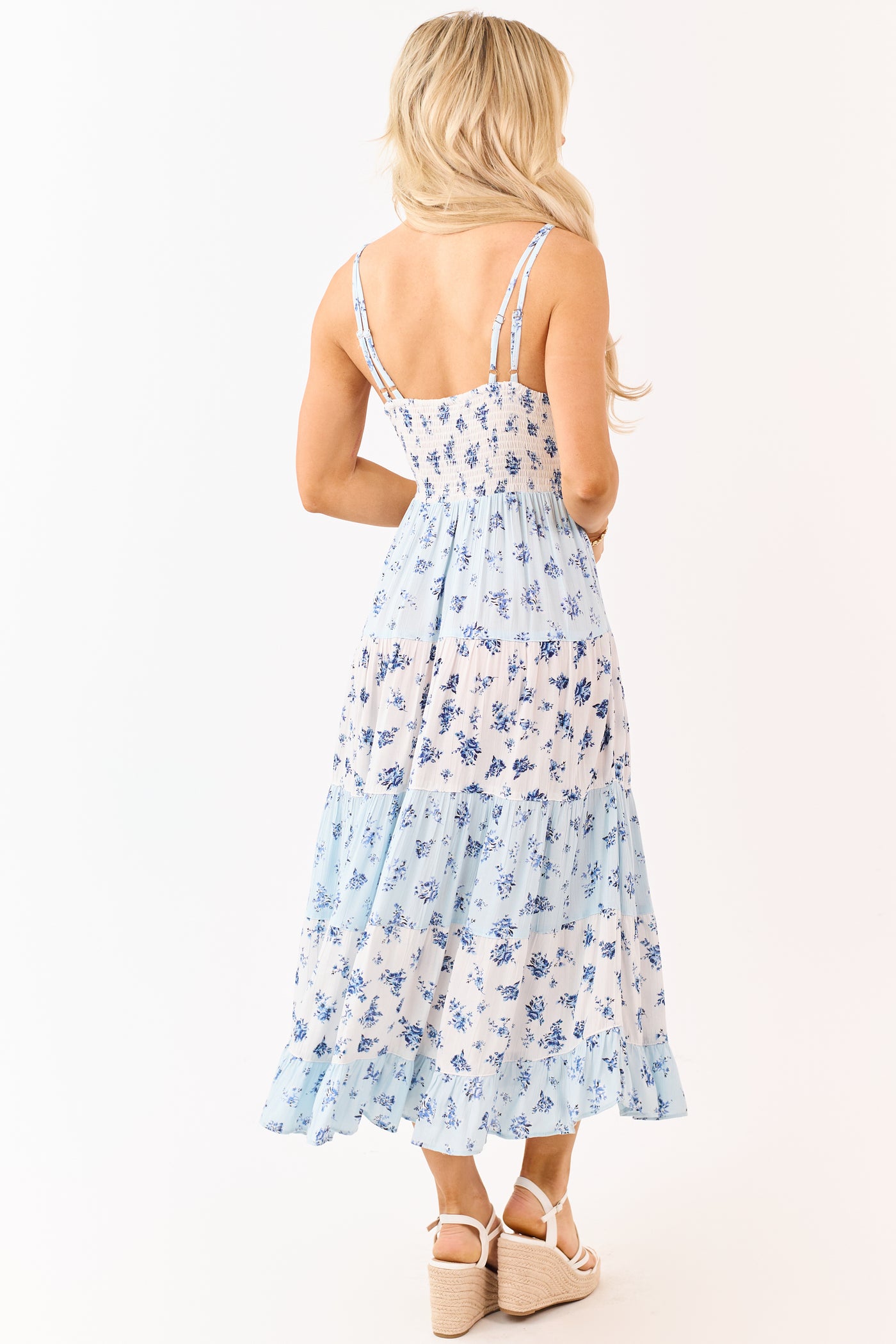 White and Baby Blue Floral Lace Trim Maxi Dress