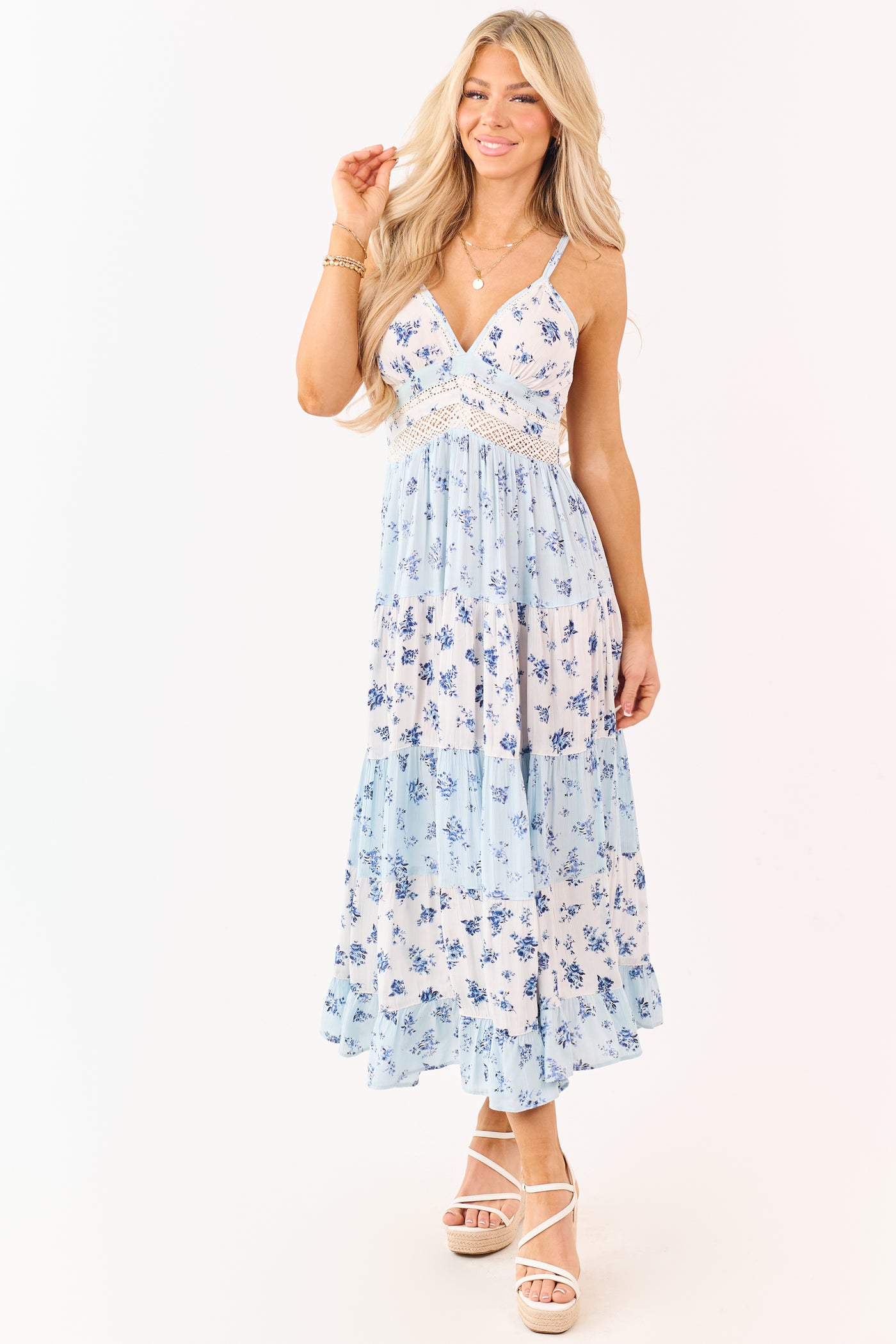 White and Baby Blue Floral Lace Trim Maxi Dress