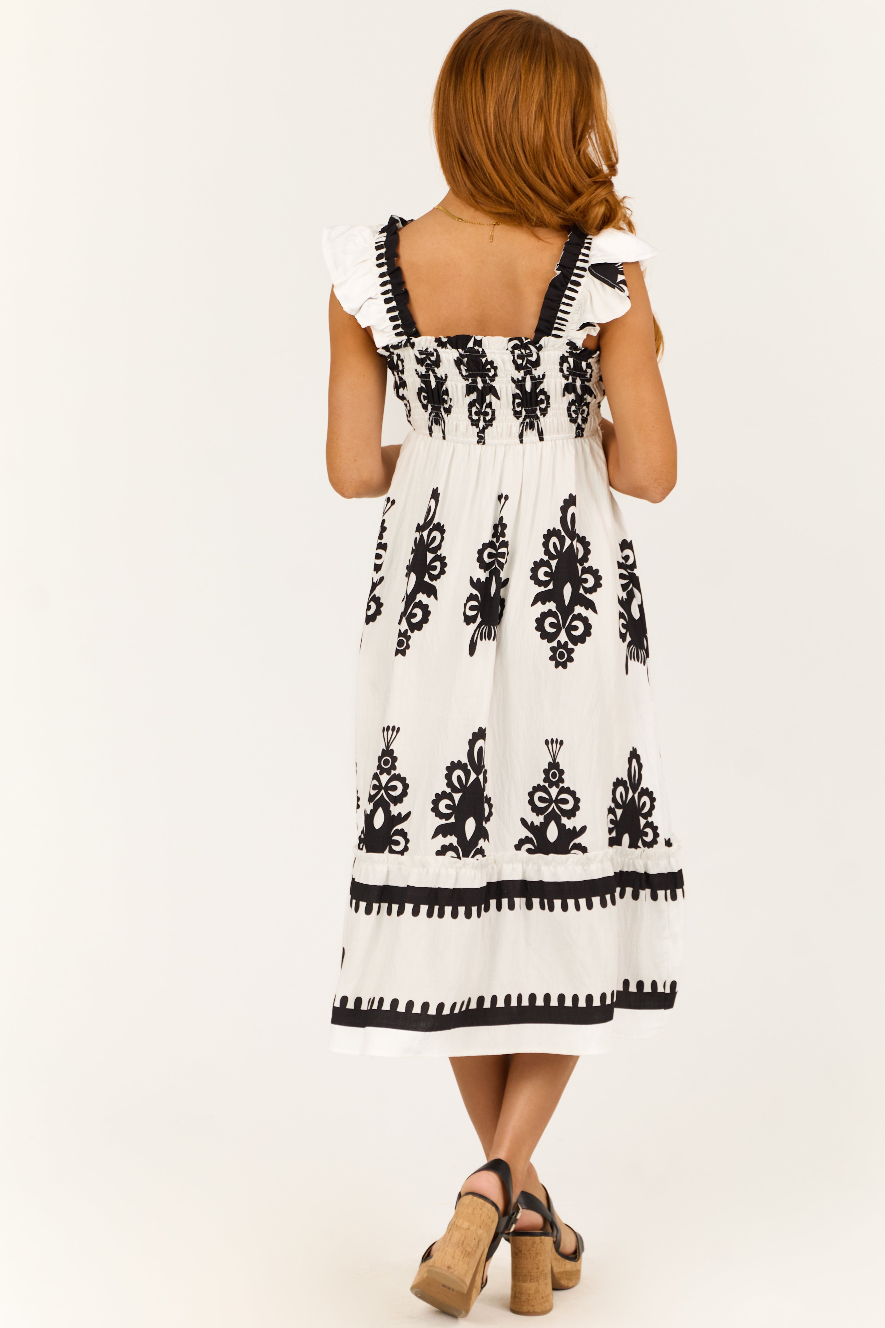 White and Black Abstract Print Smocked Midi Sun Dress | Lime Lush
