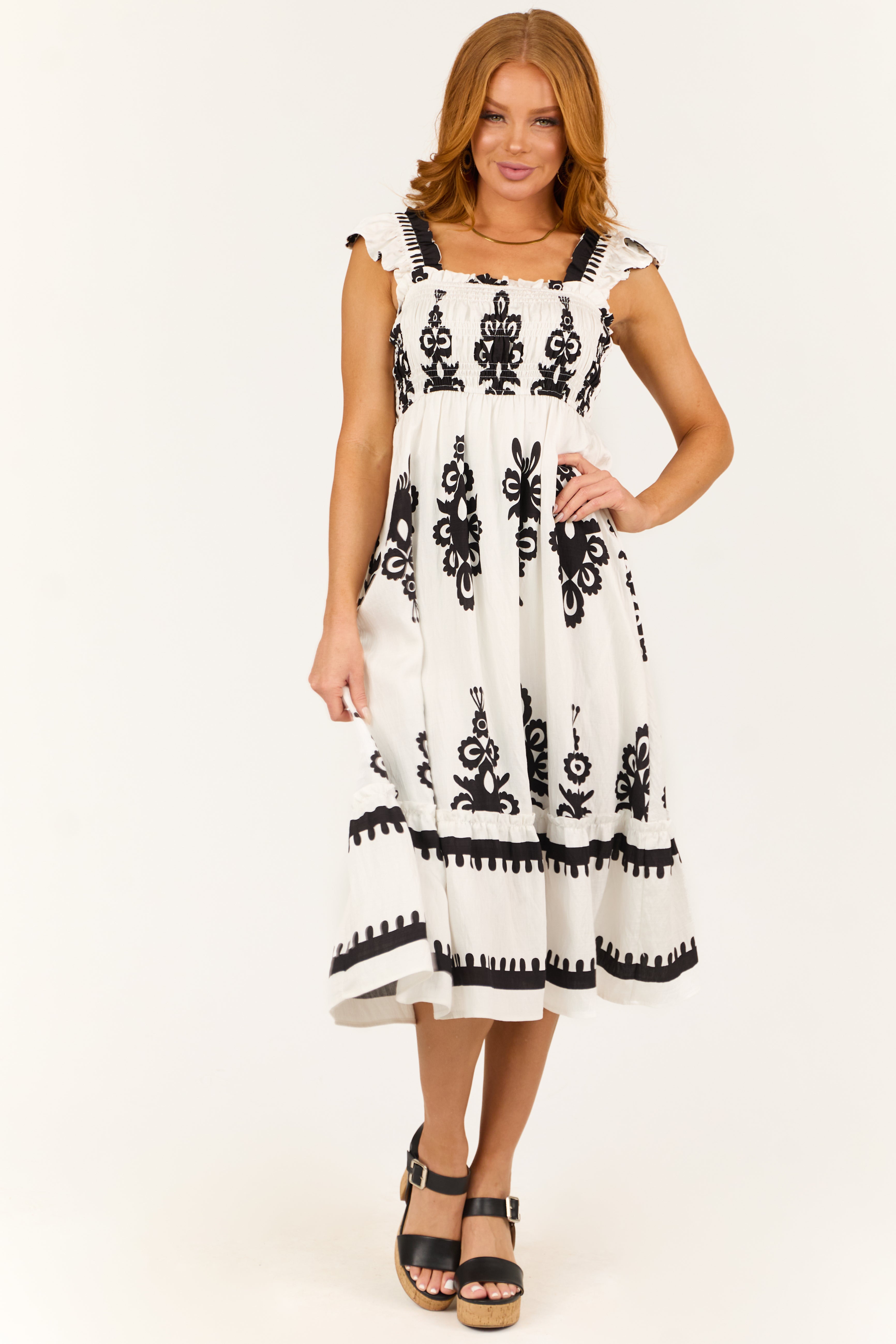 White and Black Abstract Print Smocked Midi Sun Dress | Lime Lush
