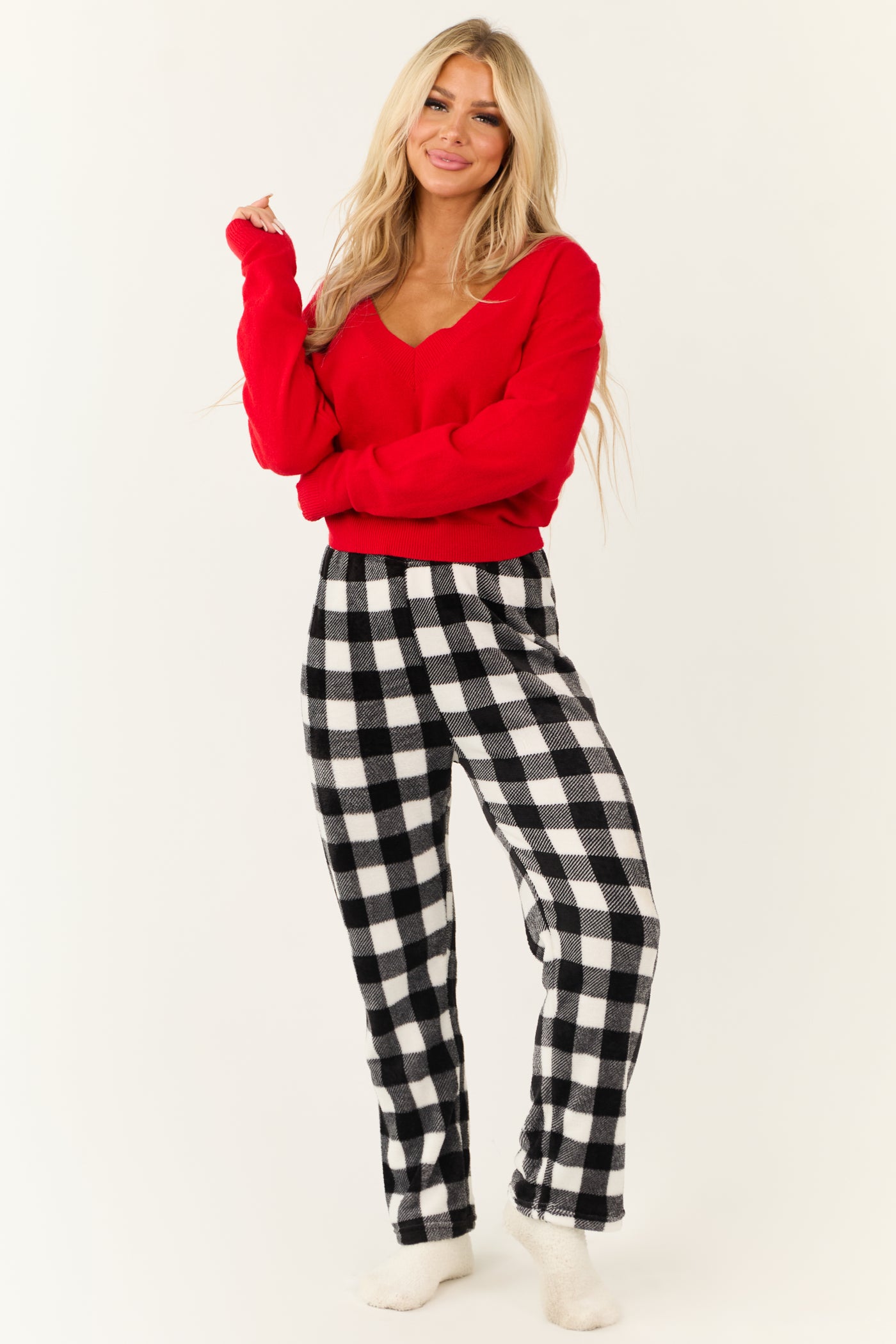 White and Black Buffalo Plaid Fleece Pajama Pants Lime Lush Boutique