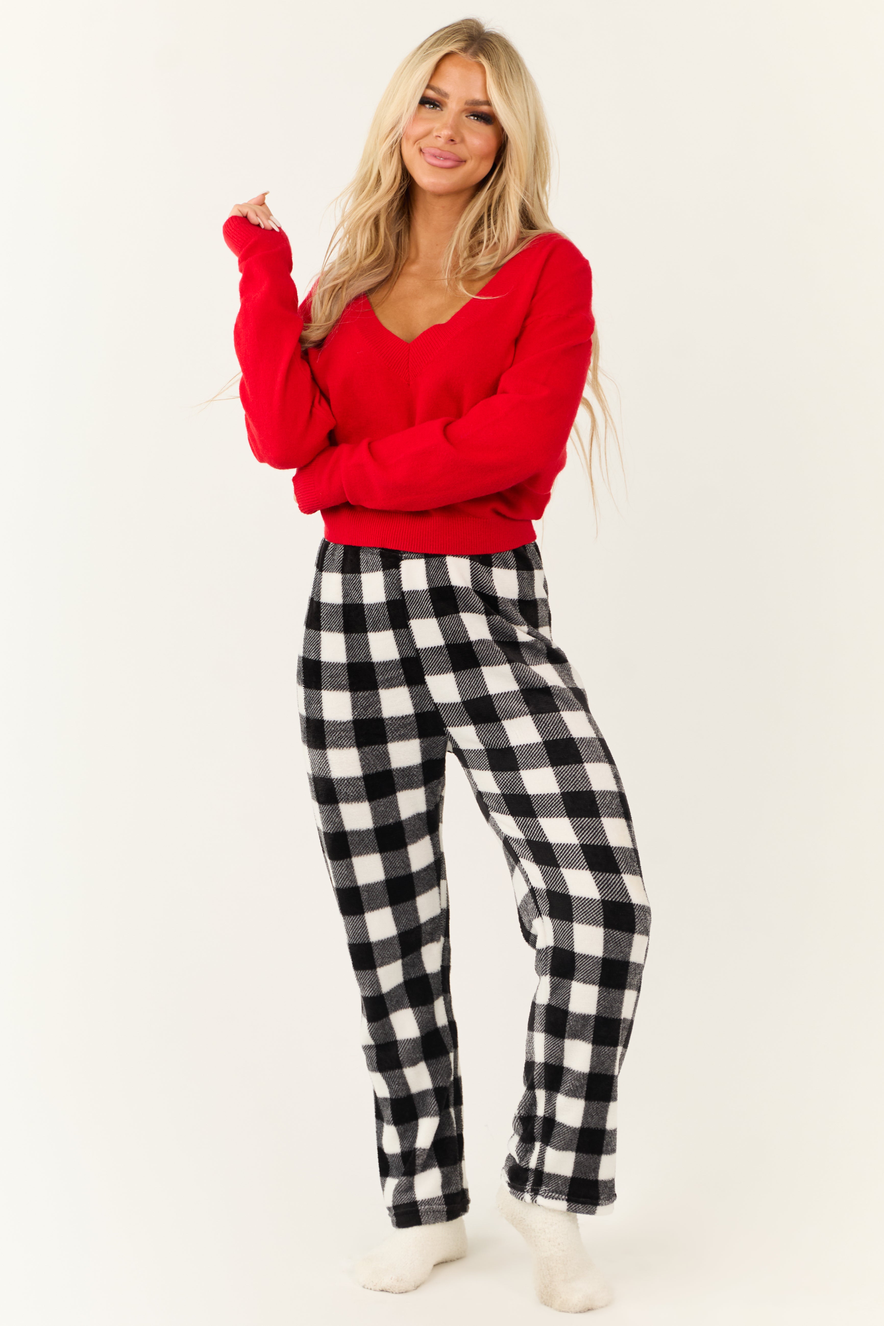 White and Black Buffalo Plaid Fleece Pajama Pants Lime Lush Boutique