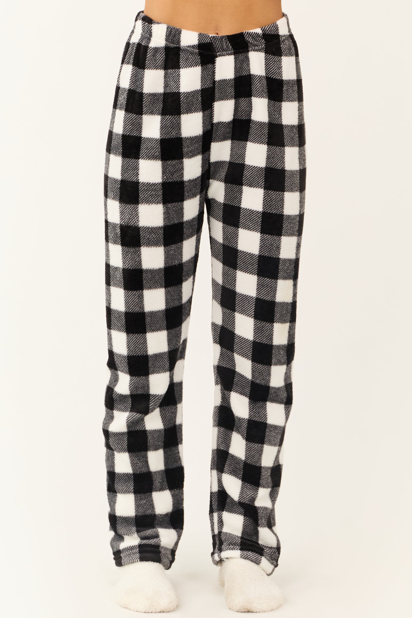 White and Black Buffalo Plaid Fleece Pajama Pants Lime Lush Boutique