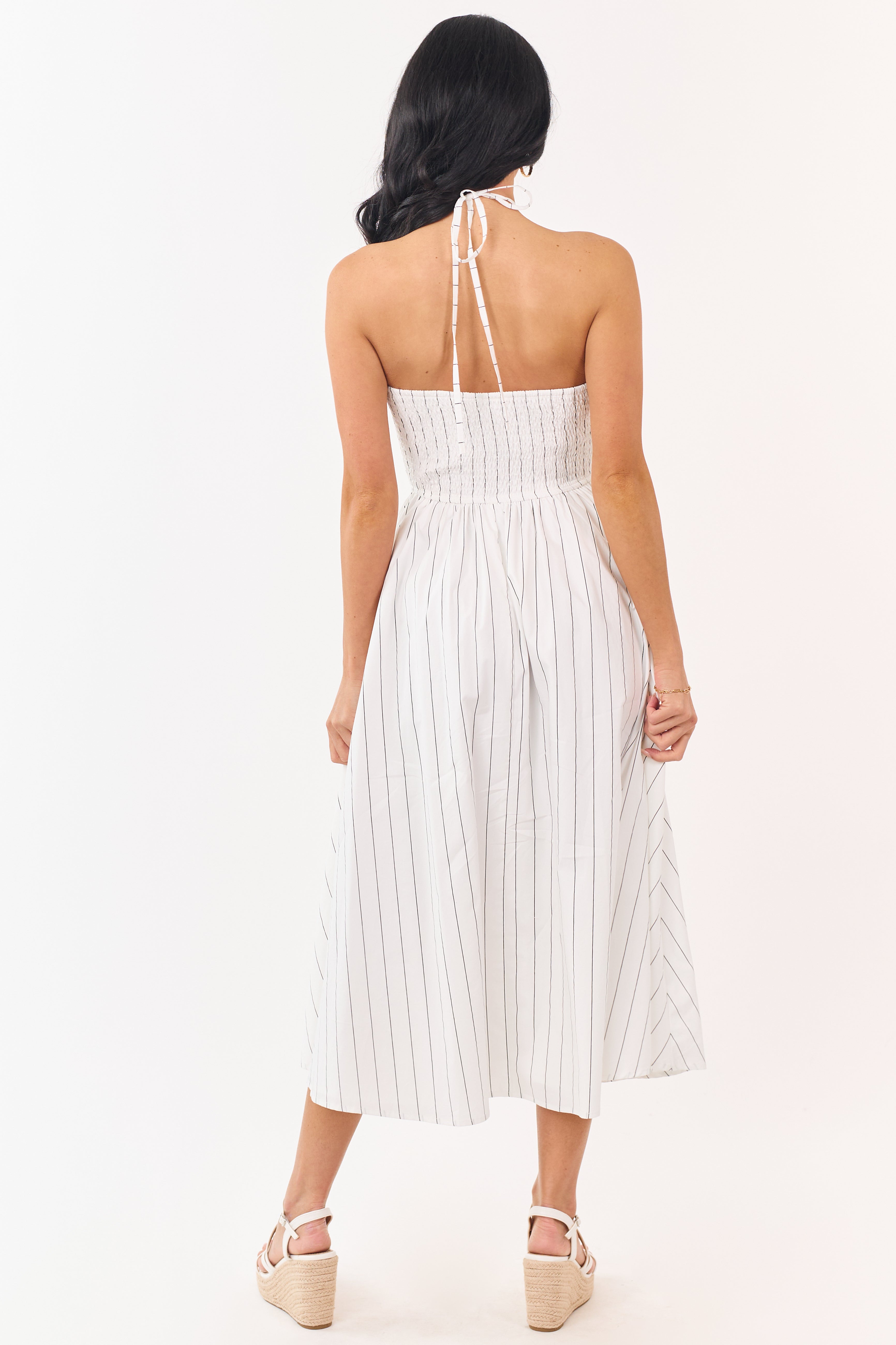 White and Black Cotton Pin Stripe Halter Maxi Dress