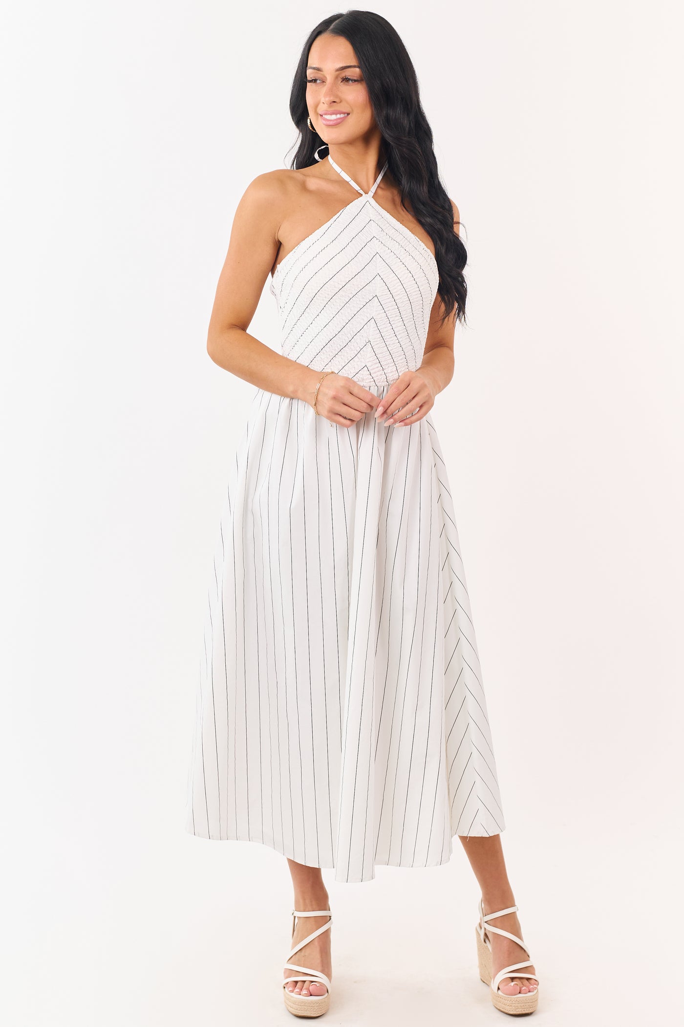 White and Black Cotton Pin Stripe Halter Maxi Dress