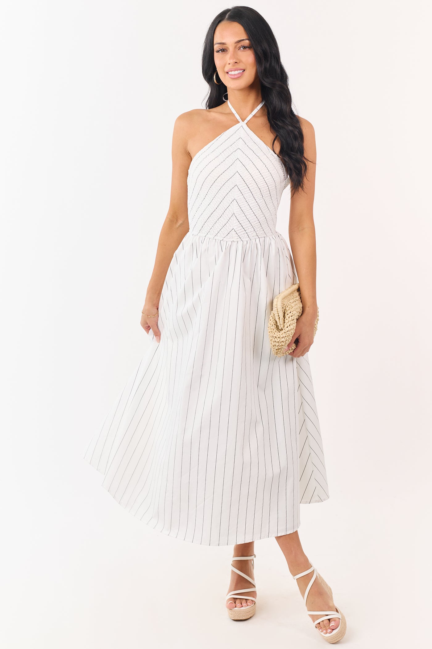 White and Black Cotton Pin Stripe Halter Maxi Dress