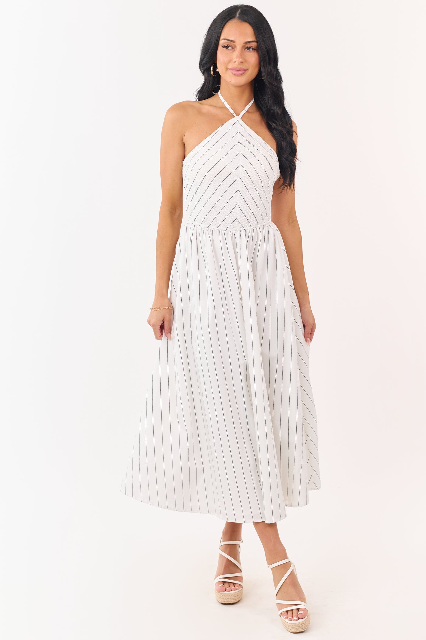 White and Black Cotton Pin Stripe Halter Maxi Dress