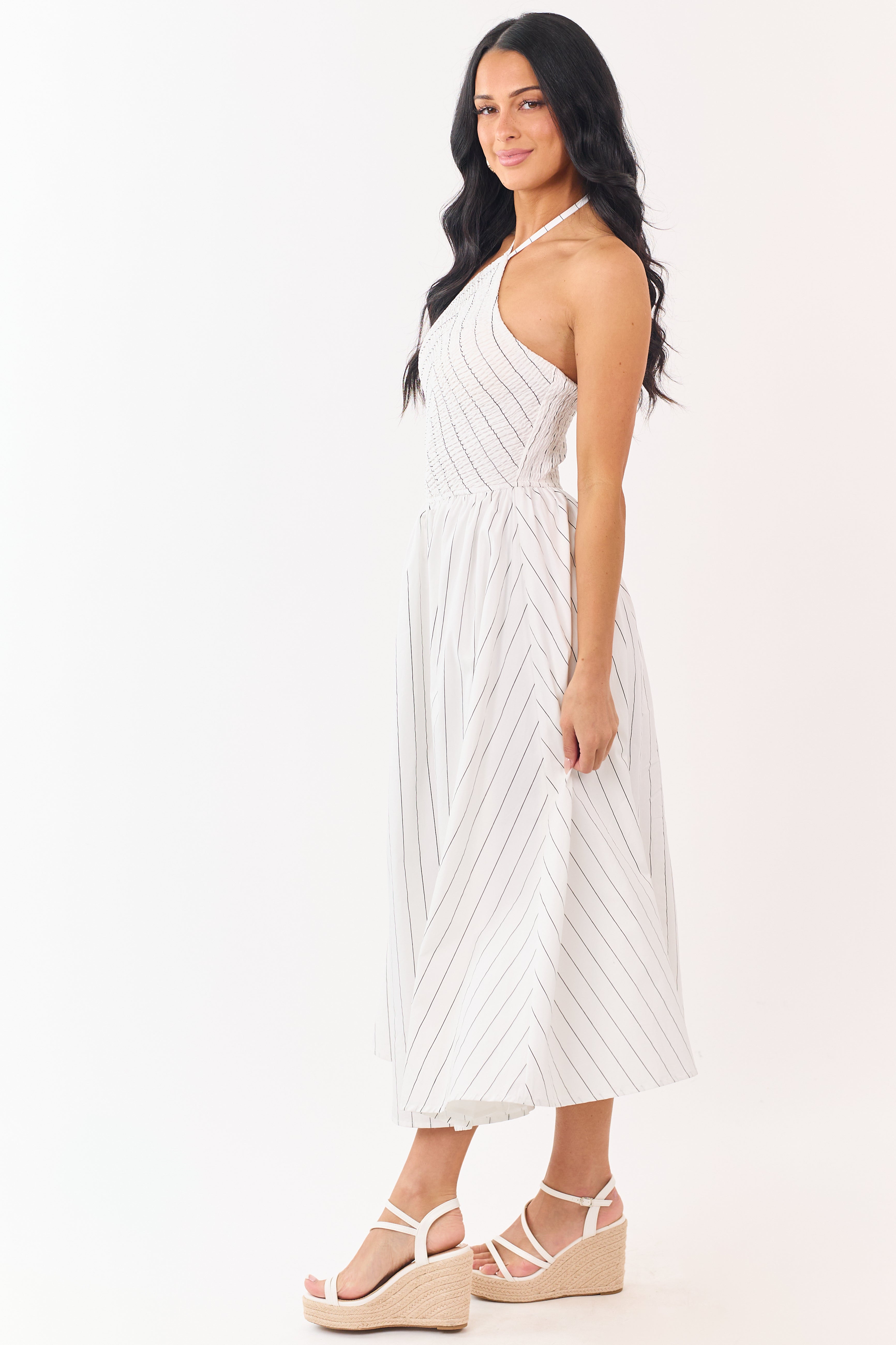 White and Black Cotton Pin Stripe Halter Maxi Dress