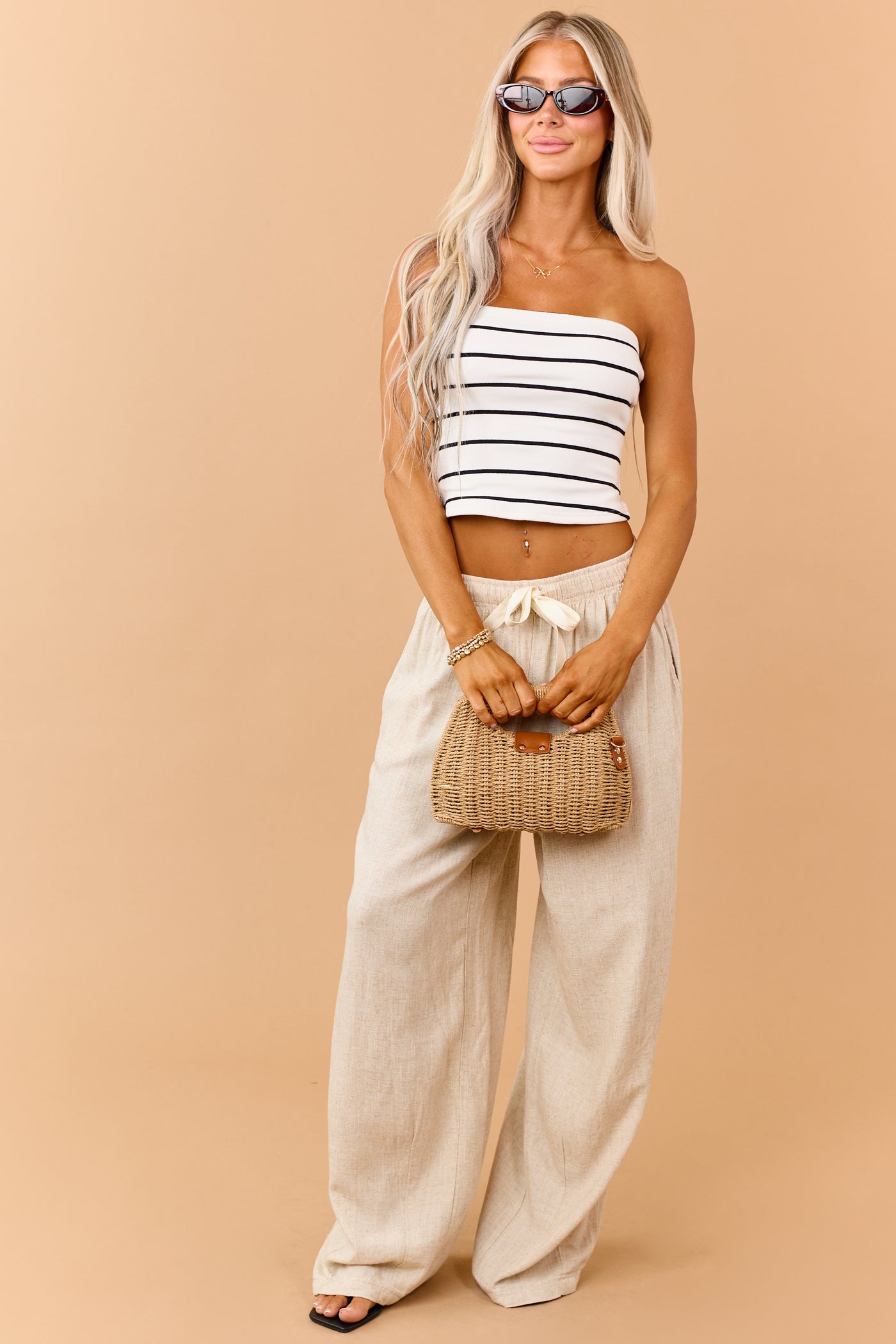 White and Black Striped Strapless Knit Top