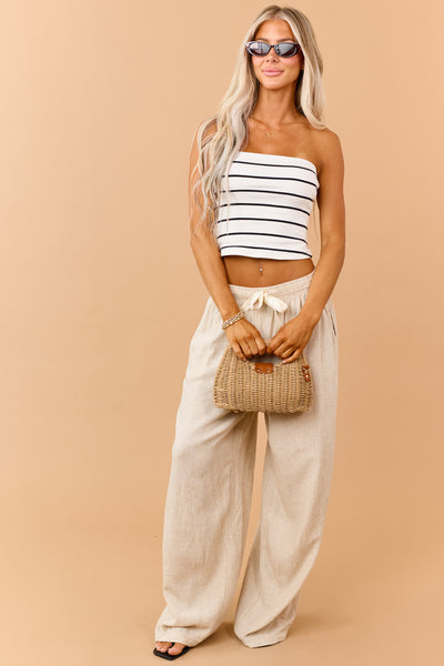White and Black Striped Strapless Knit Top