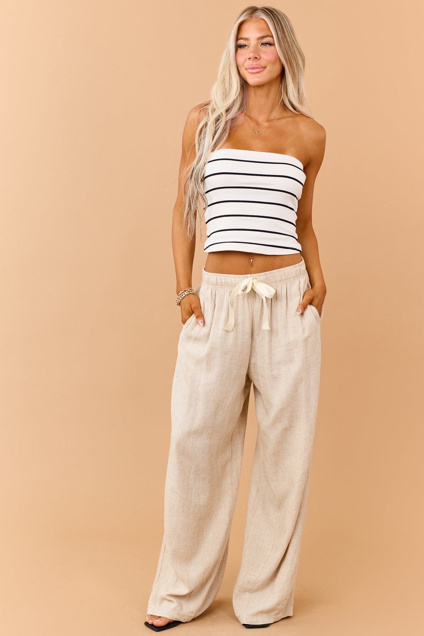 White and Black Striped Strapless Knit Top