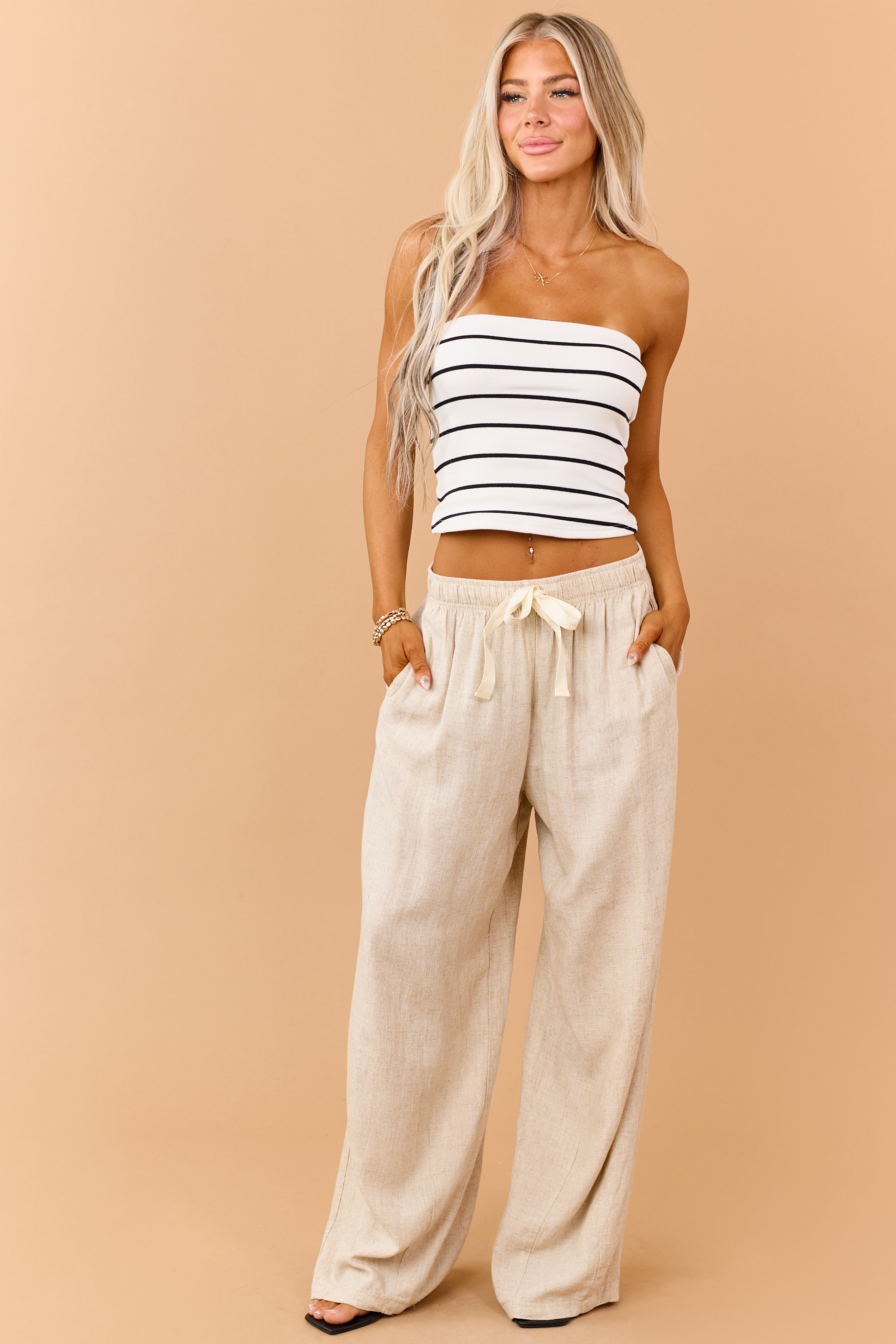 White and Black Striped Strapless Knit Top