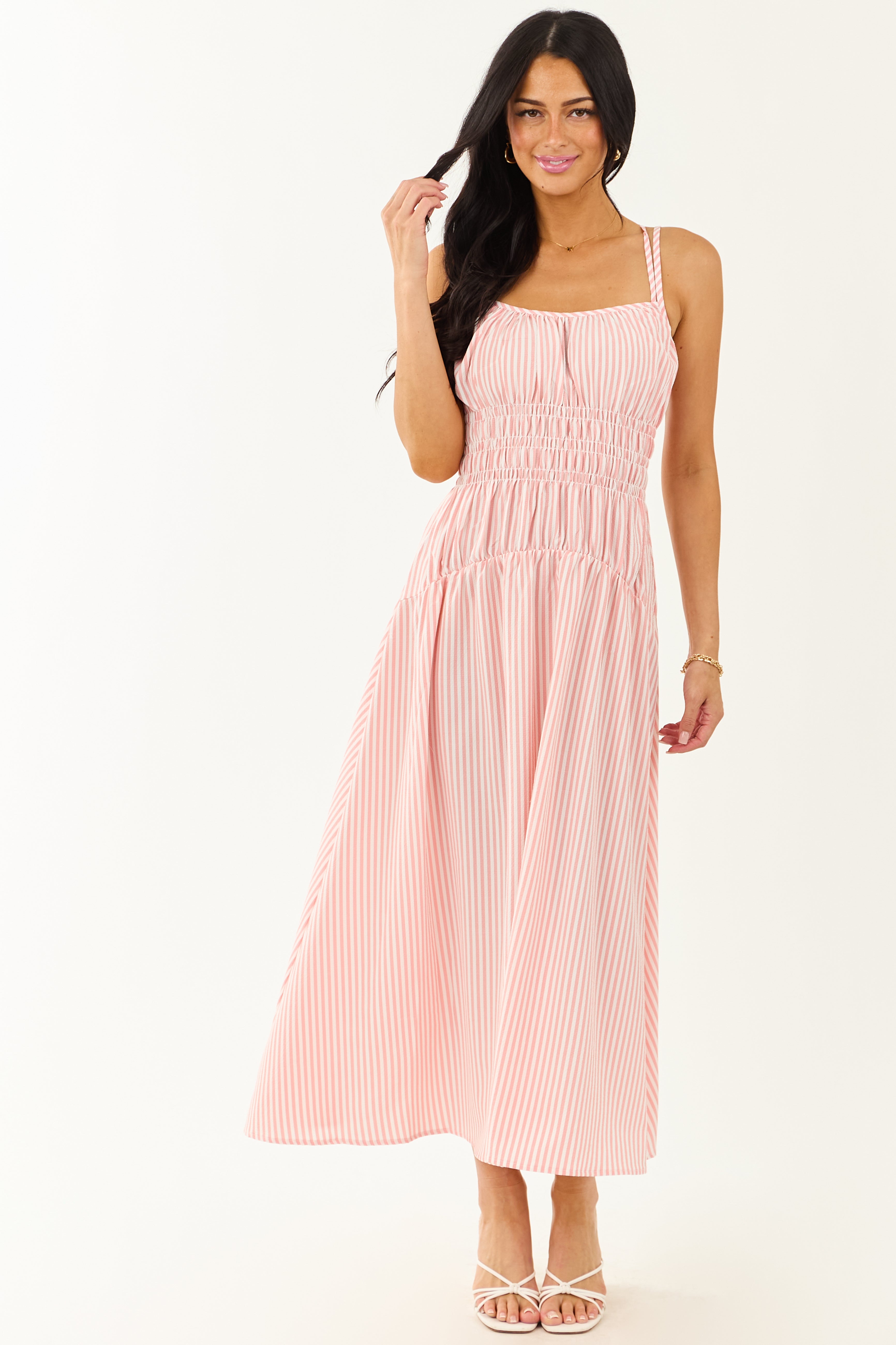 White and Cherry Blossom Striped Sleeveless Maxi Dress | Lime Lush