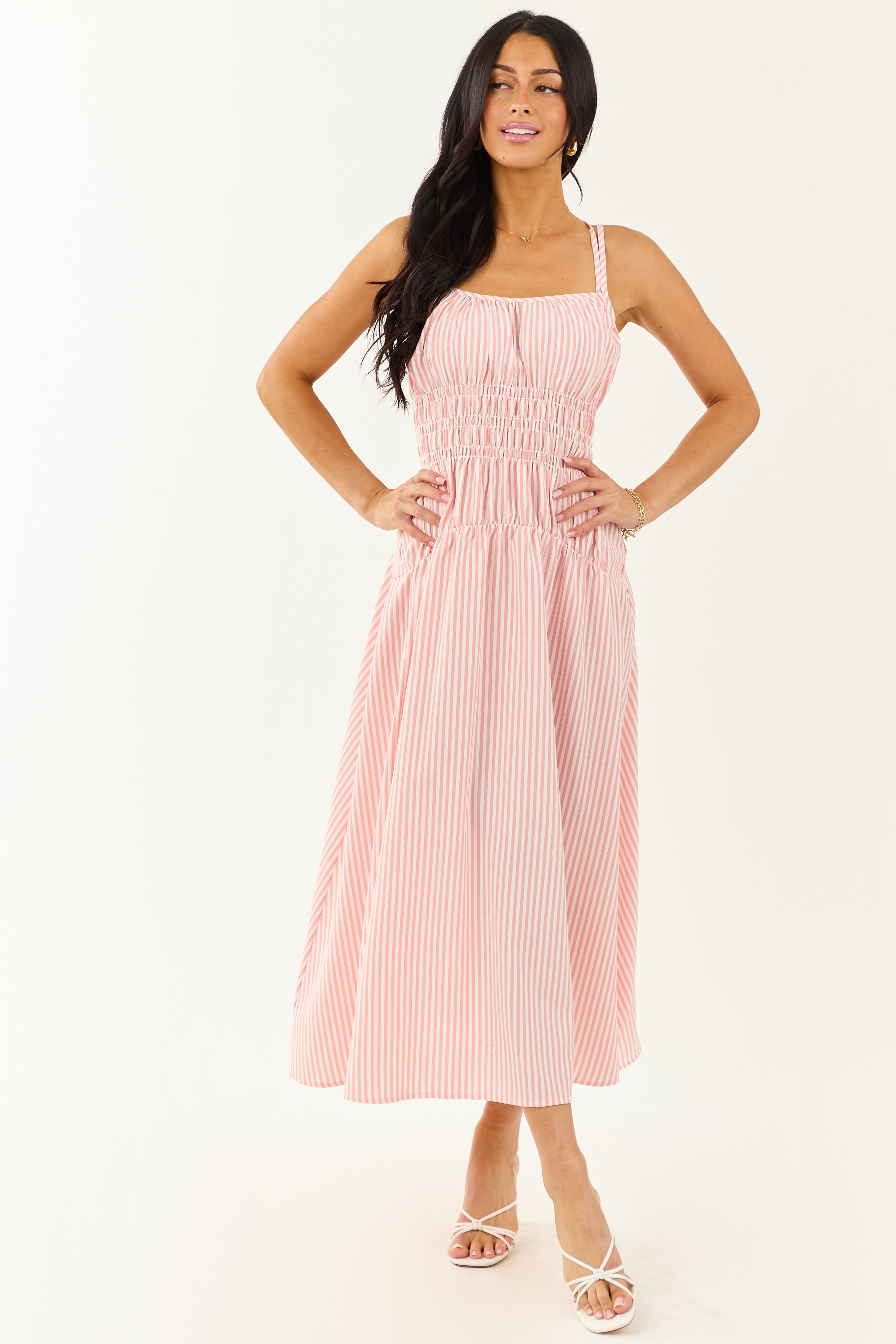 White and Cherry Blossom Striped Sleeveless Maxi Dress
