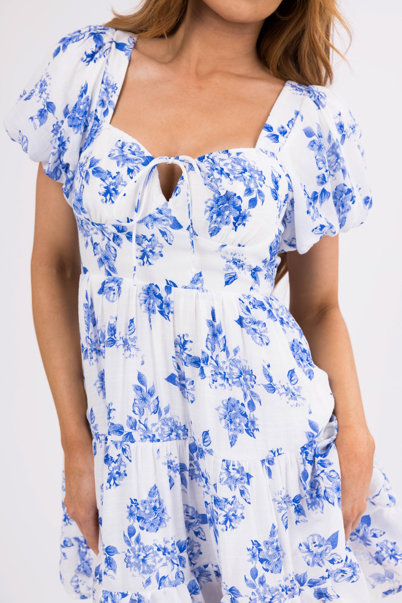 White and Cobalt Floral Open Back Mini Dress