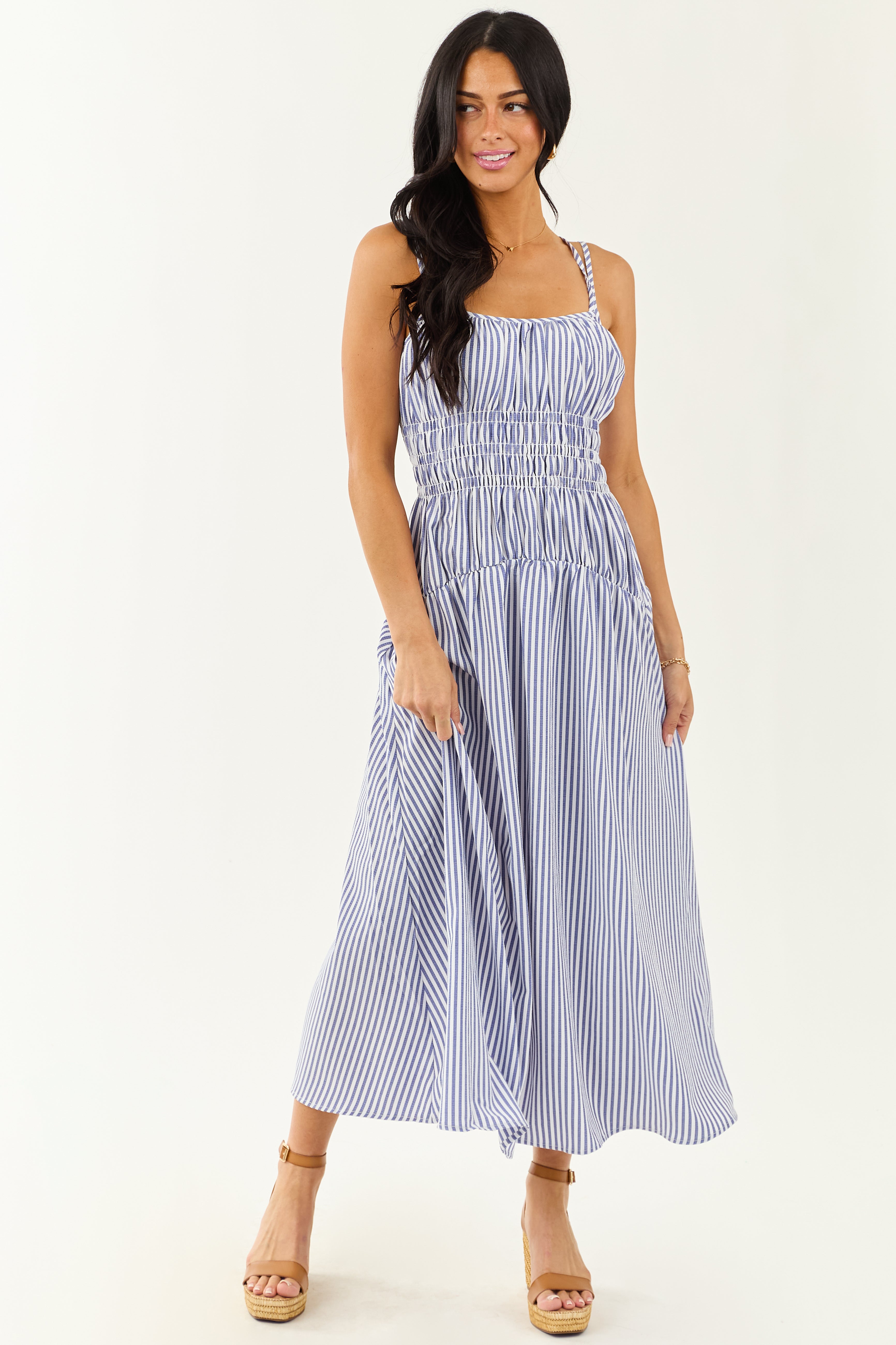 White and Dusty Blue Striped Sleeveless Maxi Dress | Lime Lush