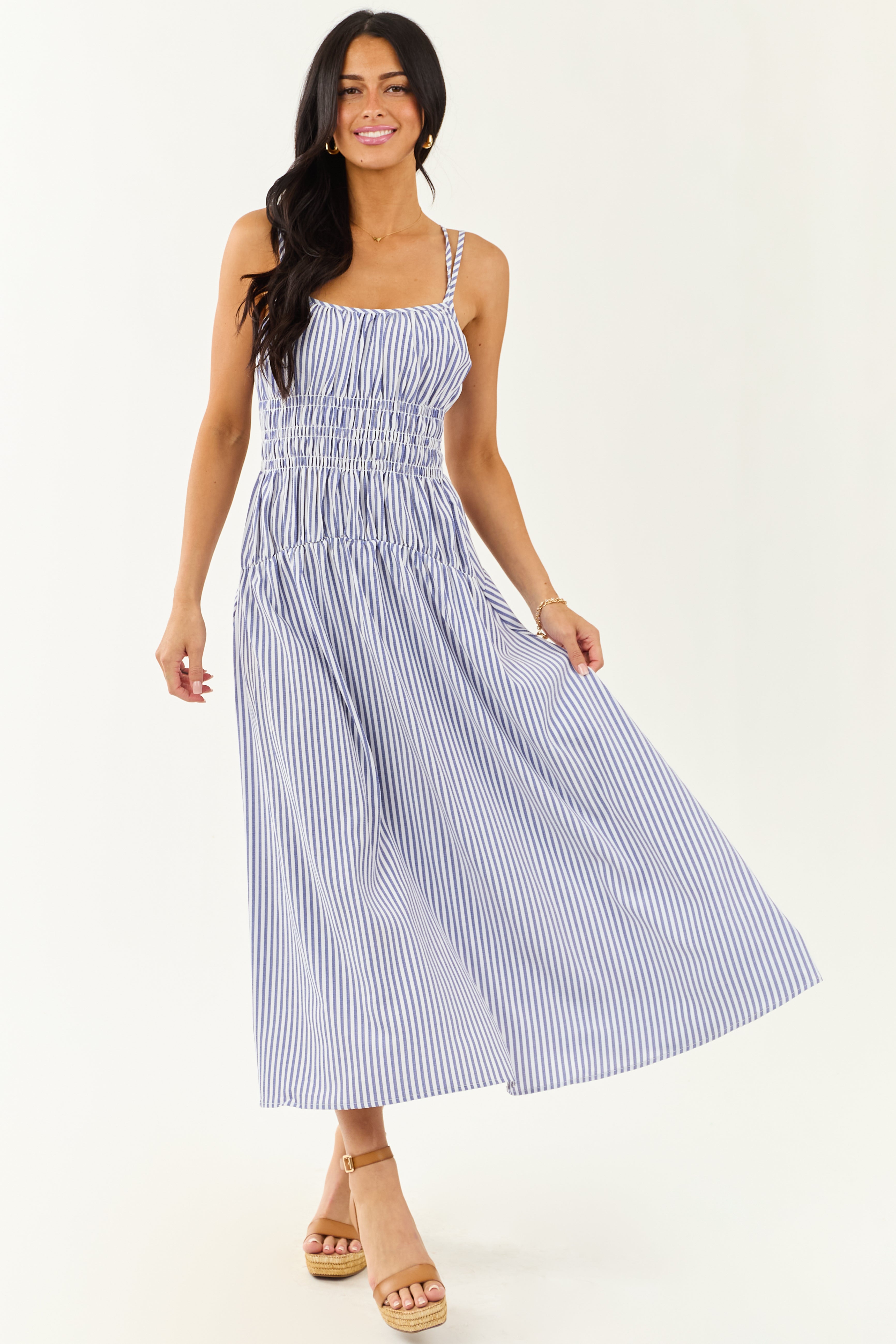 White and Dusty Blue Striped Sleeveless Maxi Dress