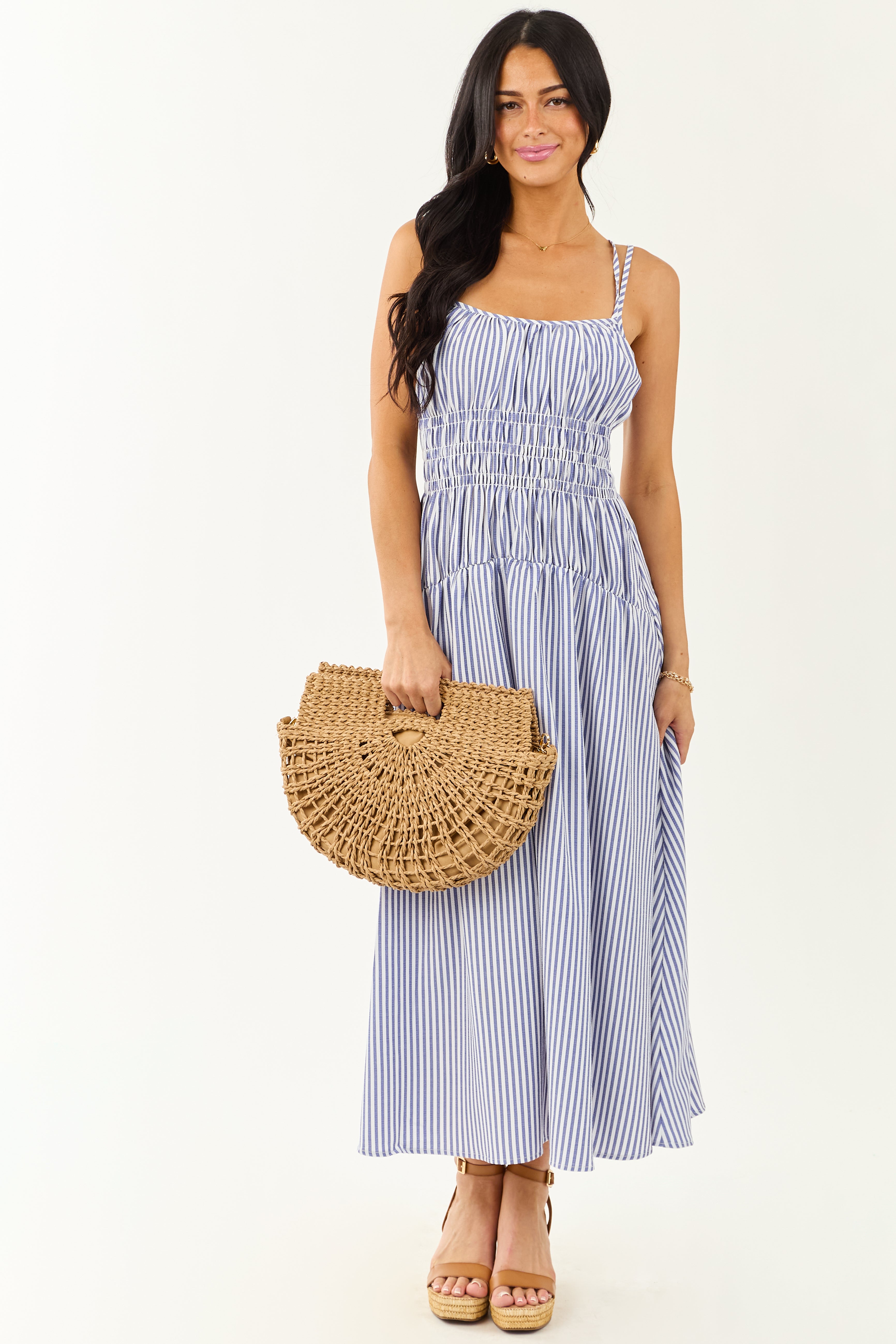 White and Dusty Blue Striped Sleeveless Maxi Dress White and Dusty Blue Striped Sleeveless Maxi Dress