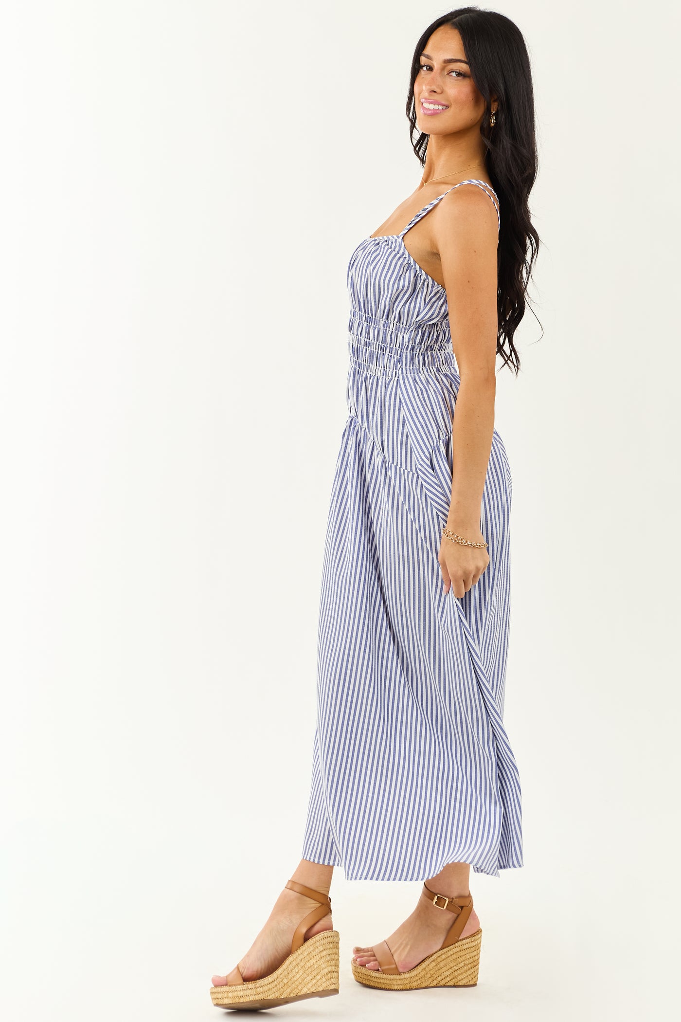 White and Dusty Blue Striped Sleeveless Maxi Dress White and Dusty Blue Striped Sleeveless Maxi Dress