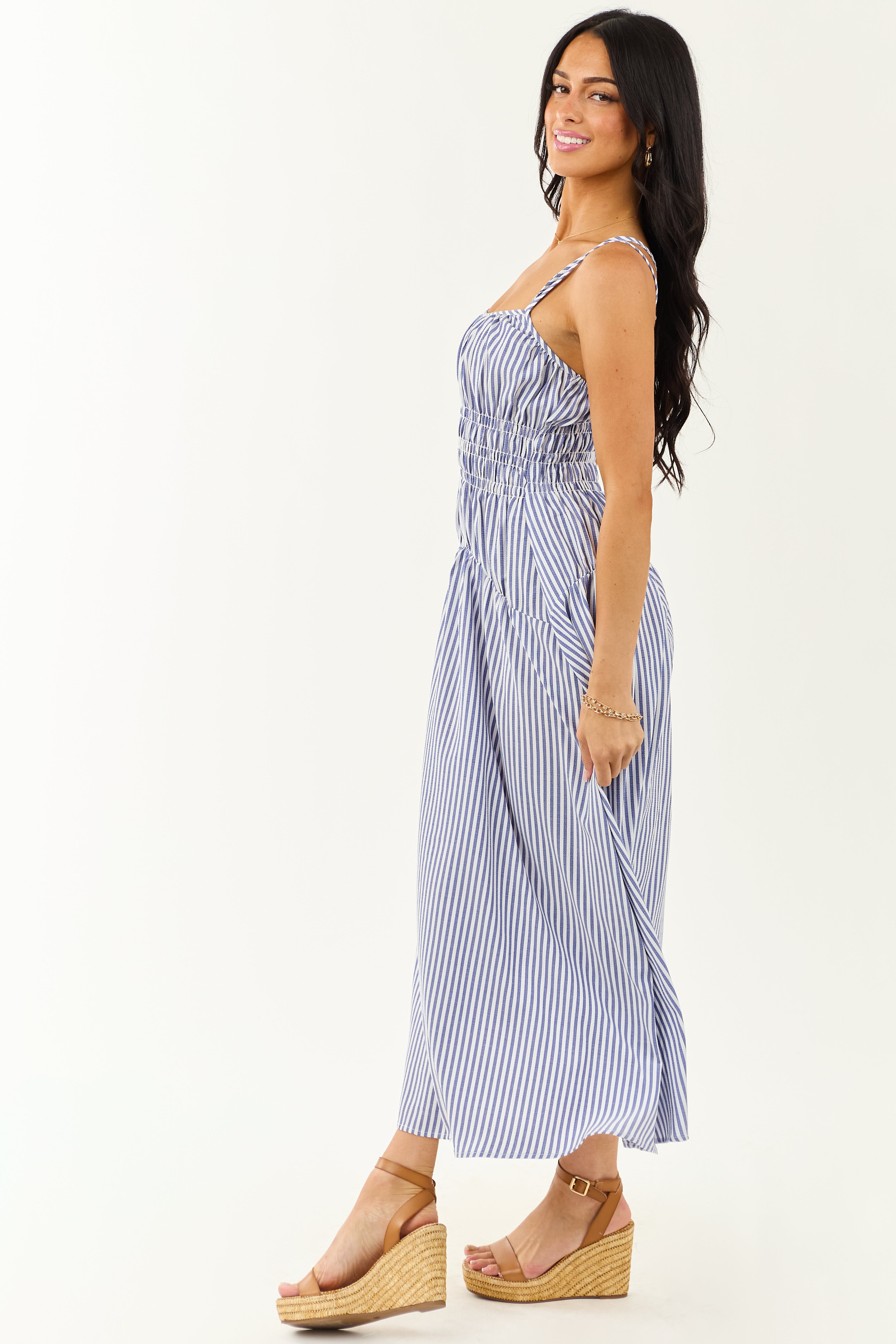 White and Dusty Blue Striped Sleeveless Maxi Dress White and Dusty Blue Striped Sleeveless Maxi Dress