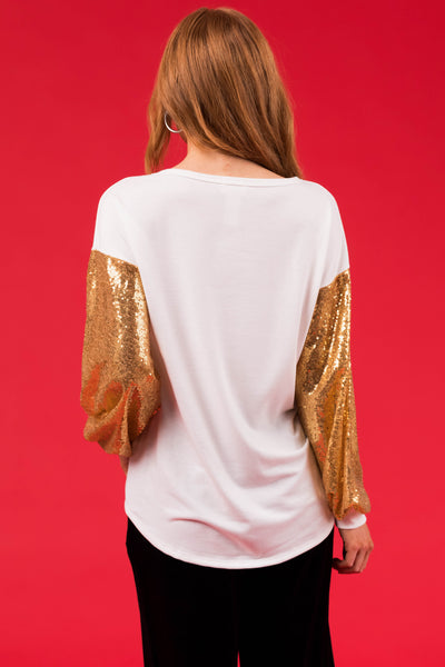 White and Gold Sequin Rudolph Graphic Top