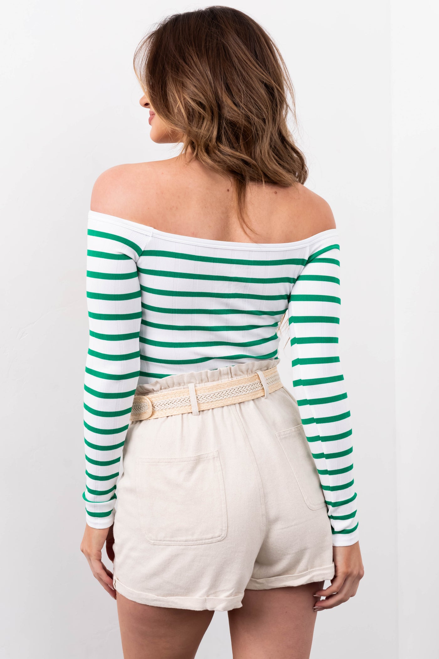 White and Jade Striped Long Sleeve Knit Top