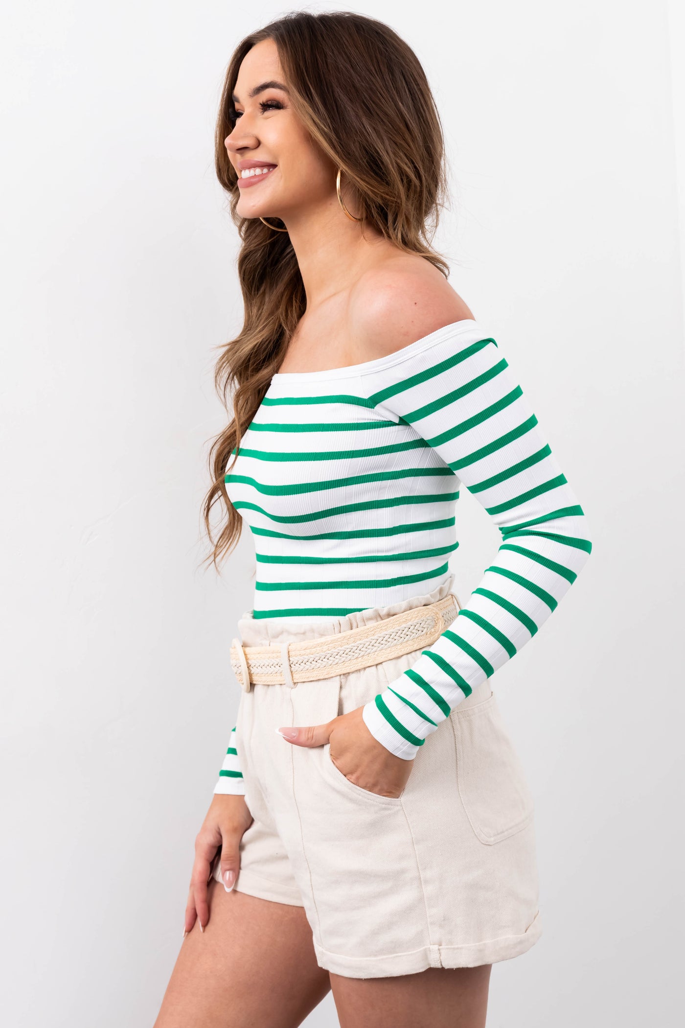 White and Jade Striped Long Sleeve Knit Top