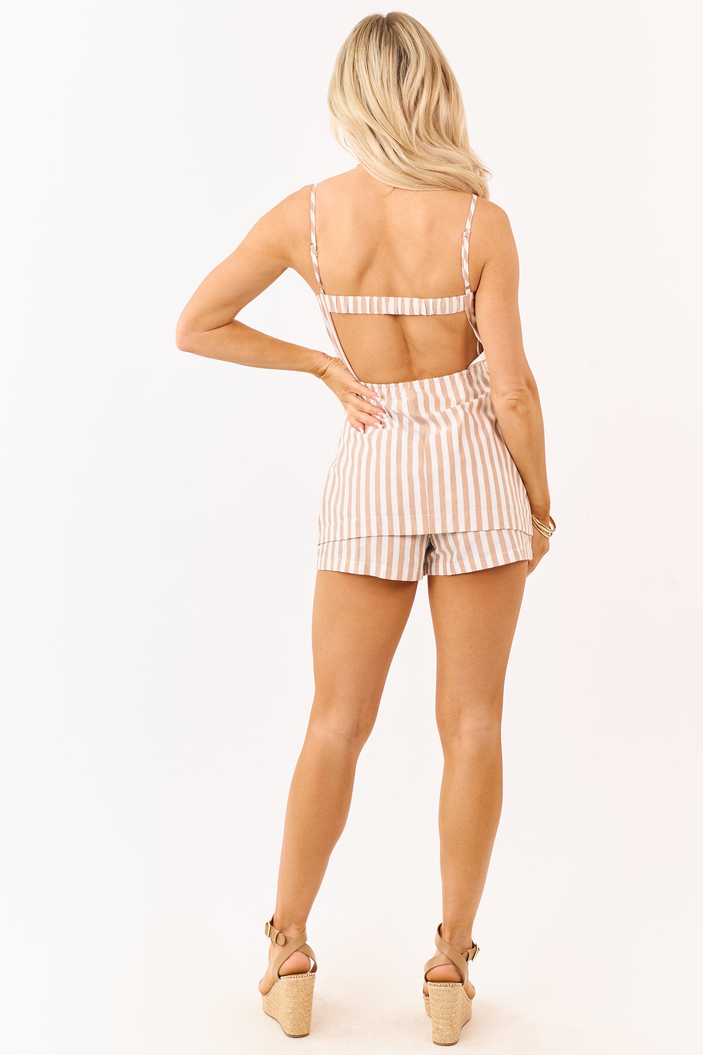 White and Latte Striped Sleeveless Button Up Romper