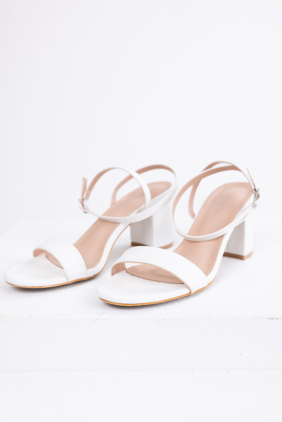 White Ankle Strap Block Heels