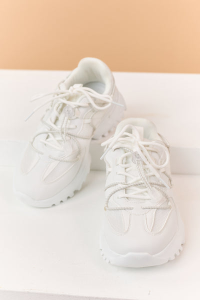 White Bungee Cord Lace Up Lug Sole Platform Sneakers