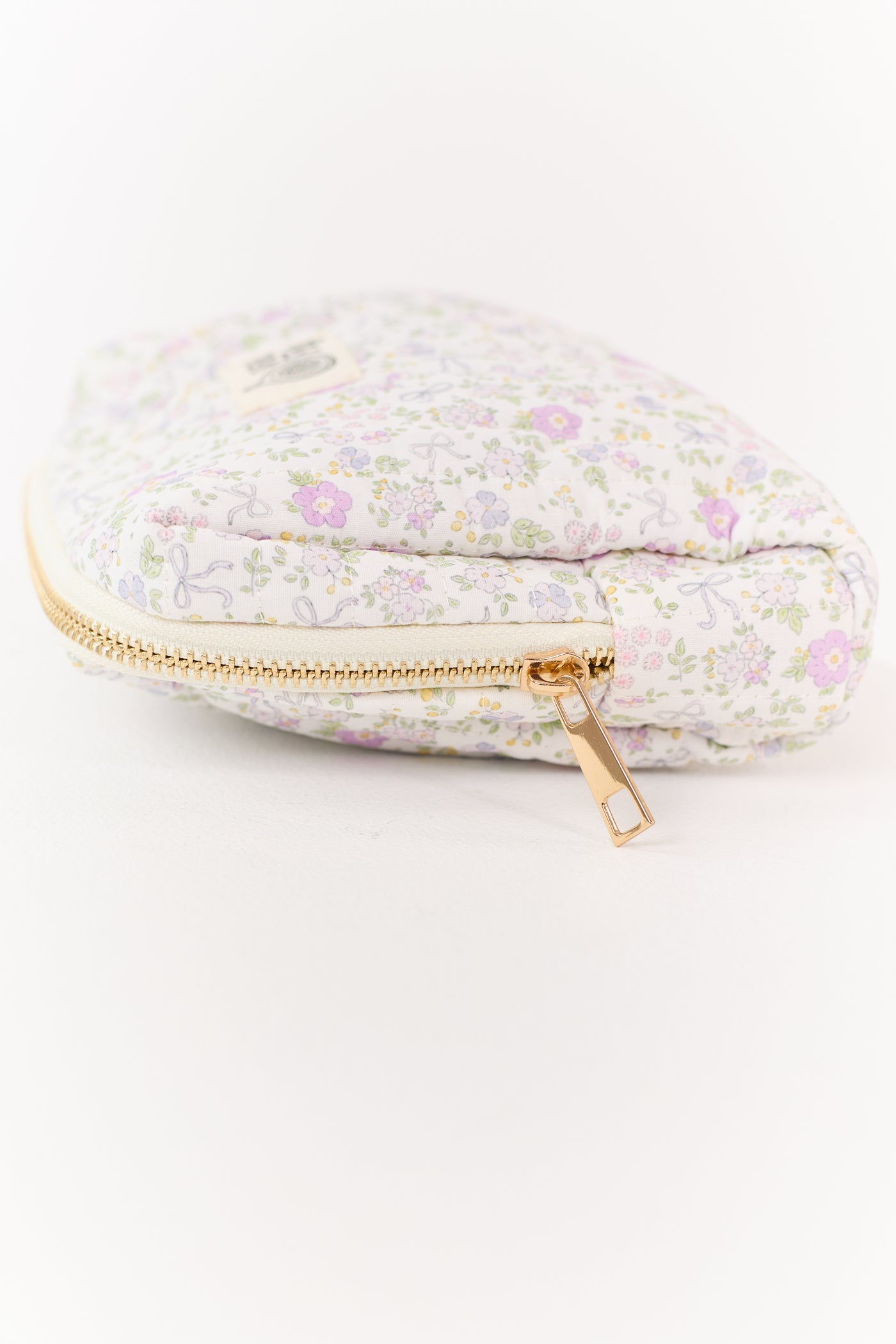 White Floral Bow Print Quilted Cosmetic Bag