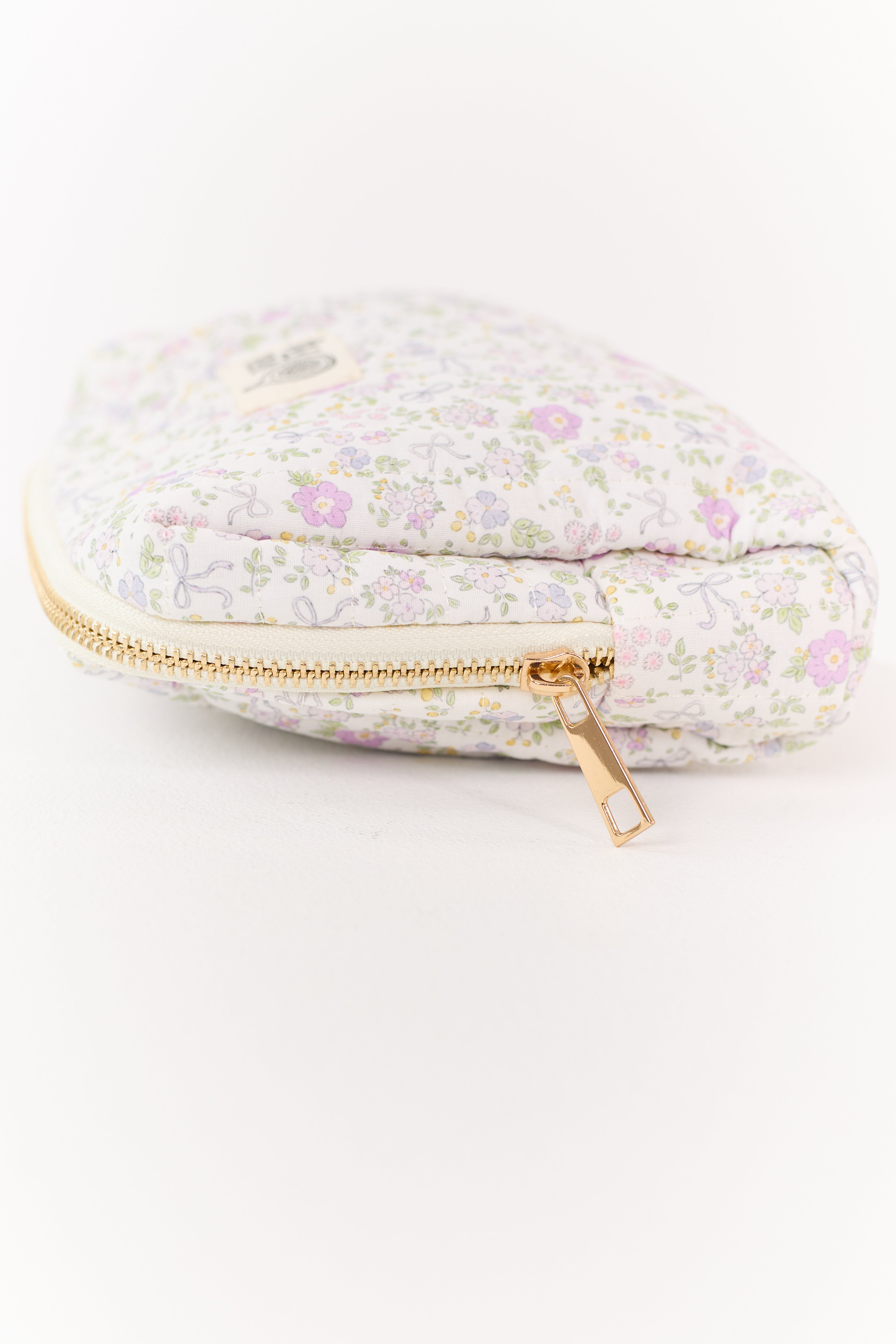 White Floral Bow Print Quilted Cosmetic Bag