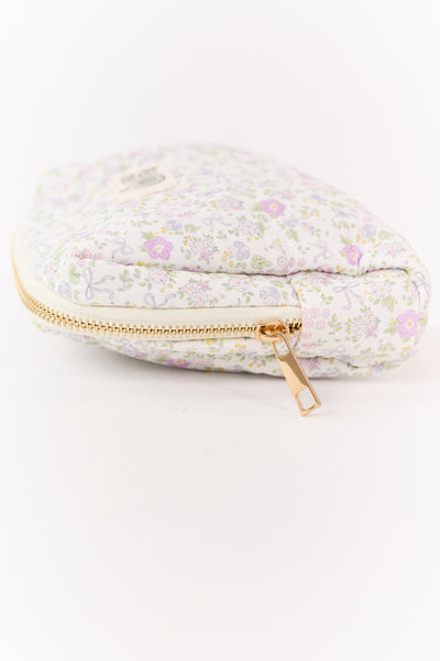White Floral Bow Print Quilted Cosmetic Bag