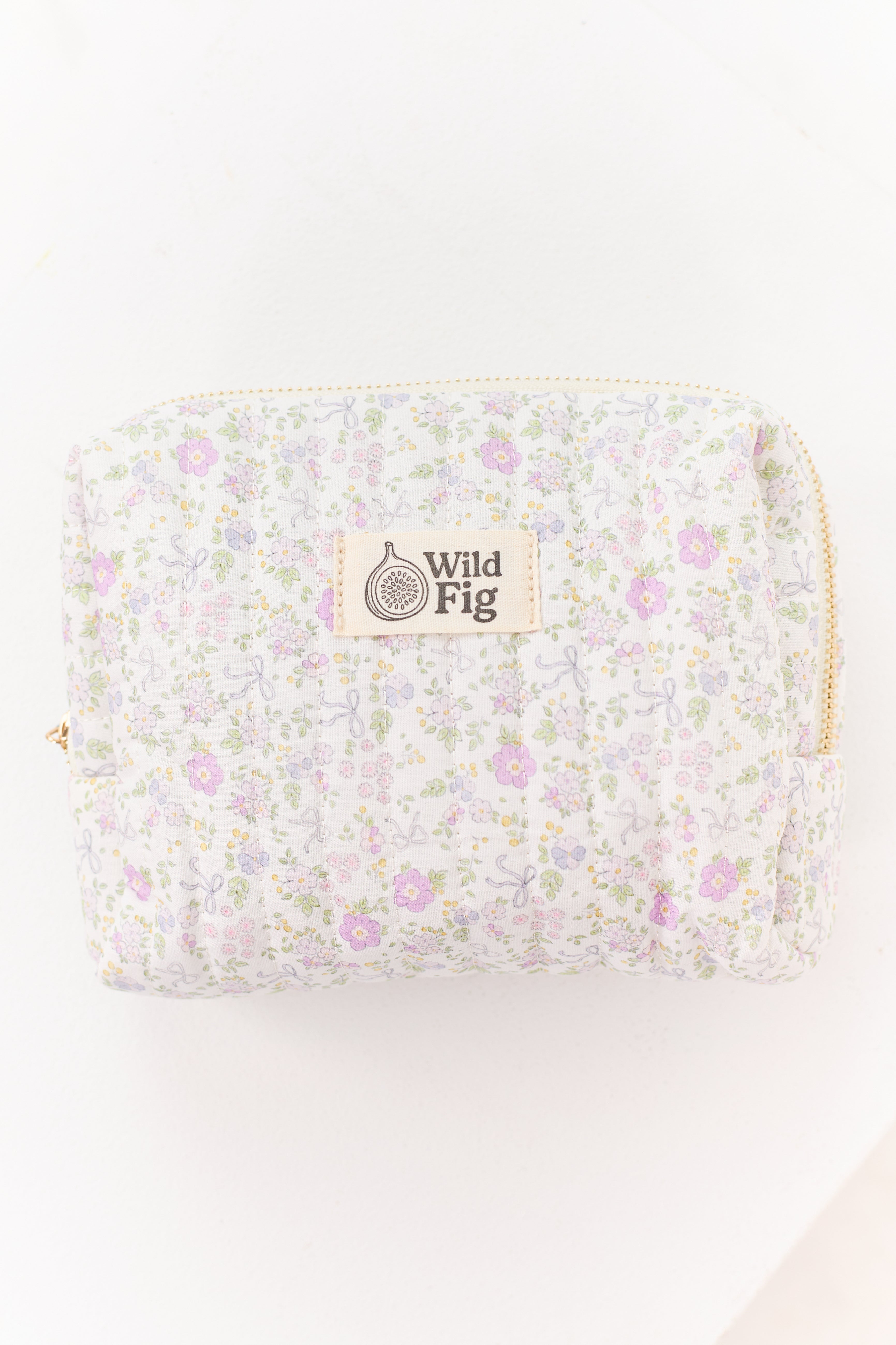 White Floral Bow Print Quilted Cosmetic Bag