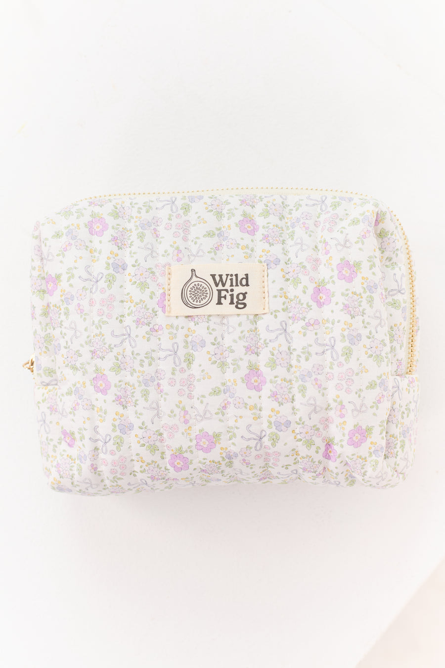 White Floral Bow Print Quilted Cosmetic Bag