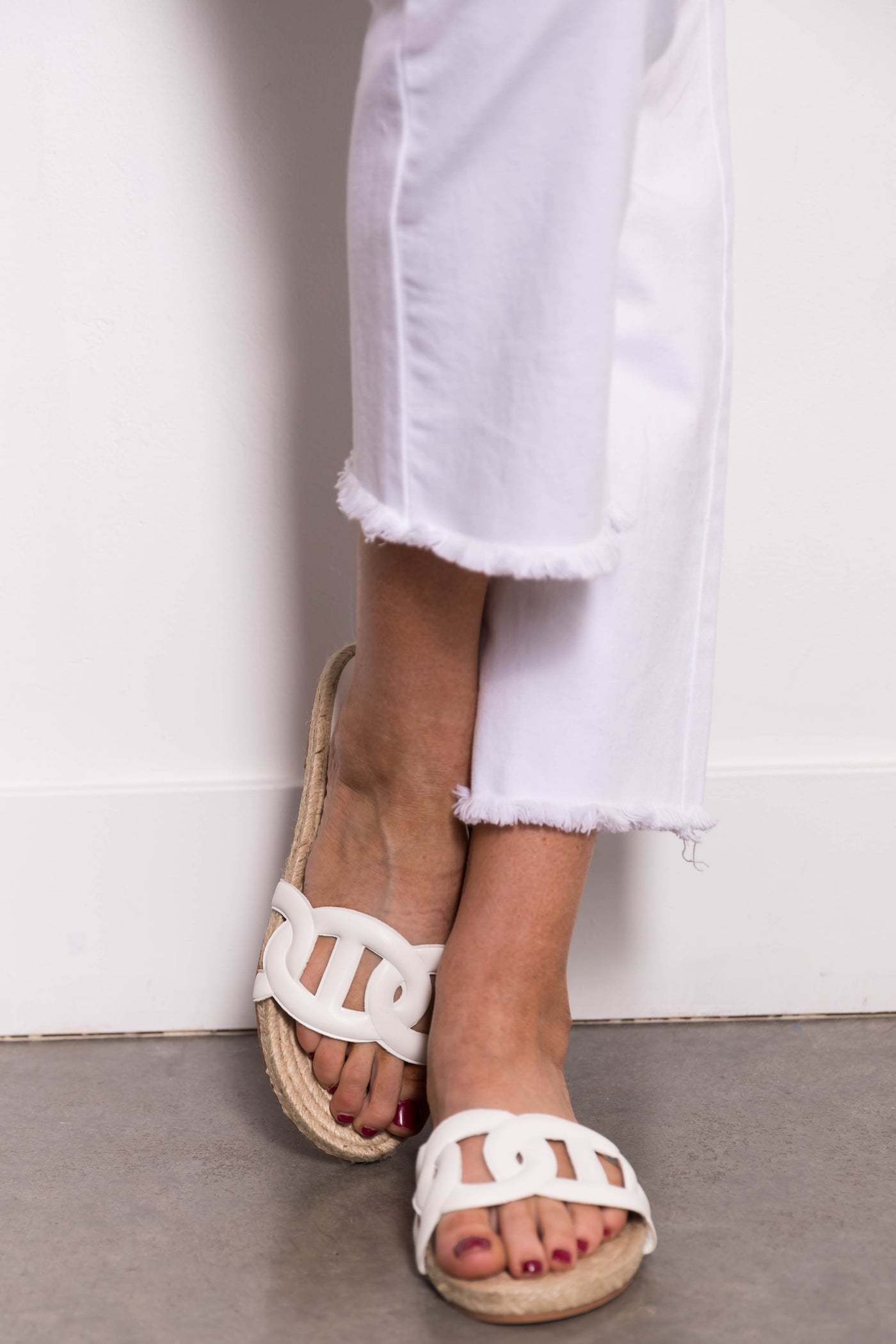White Geometric Strap Flat Espadrille Sandals