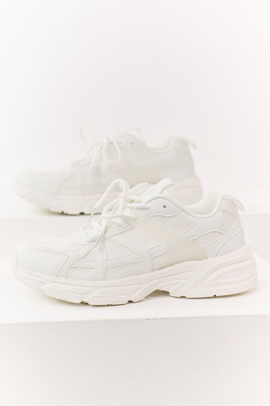 White Mesh Lug Sole Chunky Lace Up Sneakers