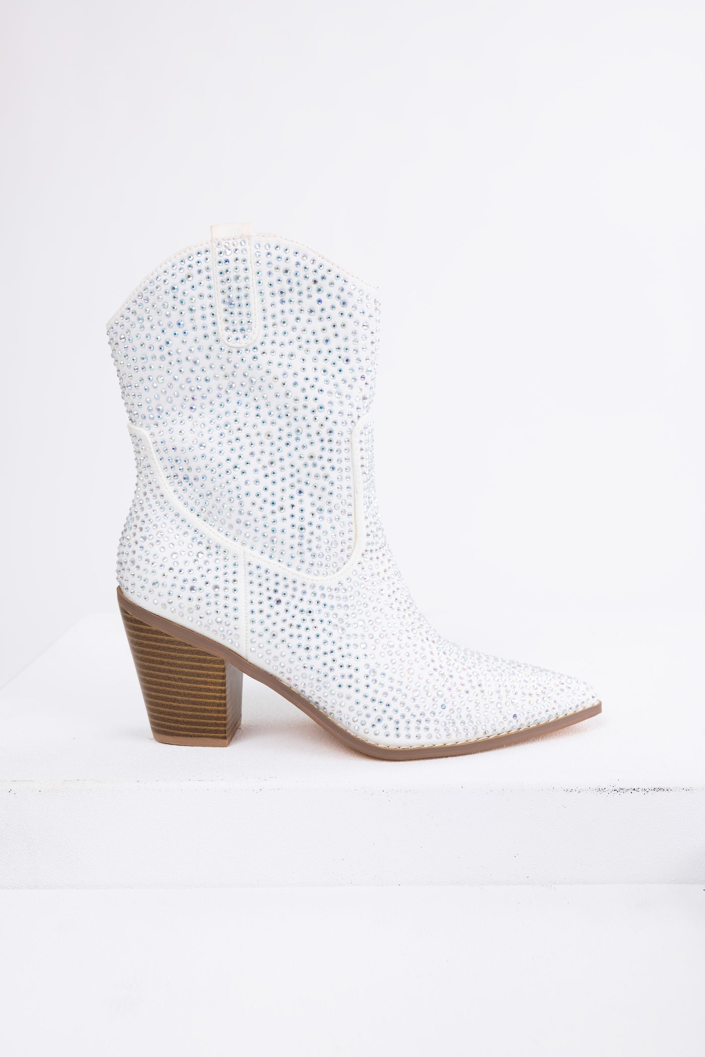 White Rhinestone Embellished Pointed Toe Booties