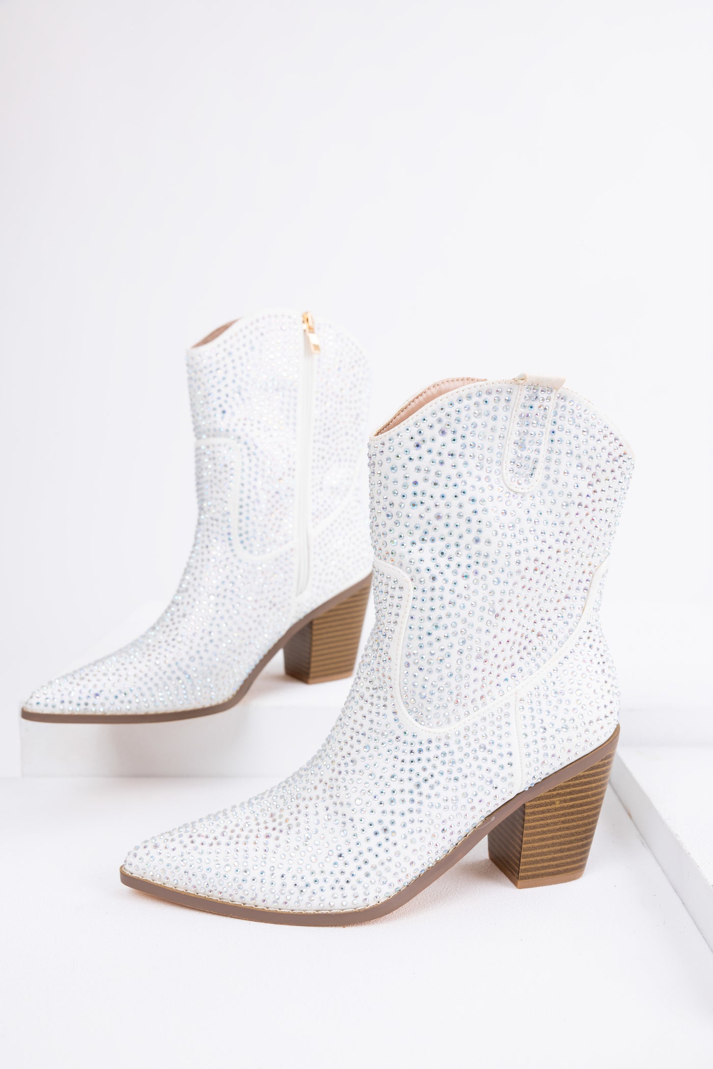 White Rhinestone Embellished Pointed Toe Booties