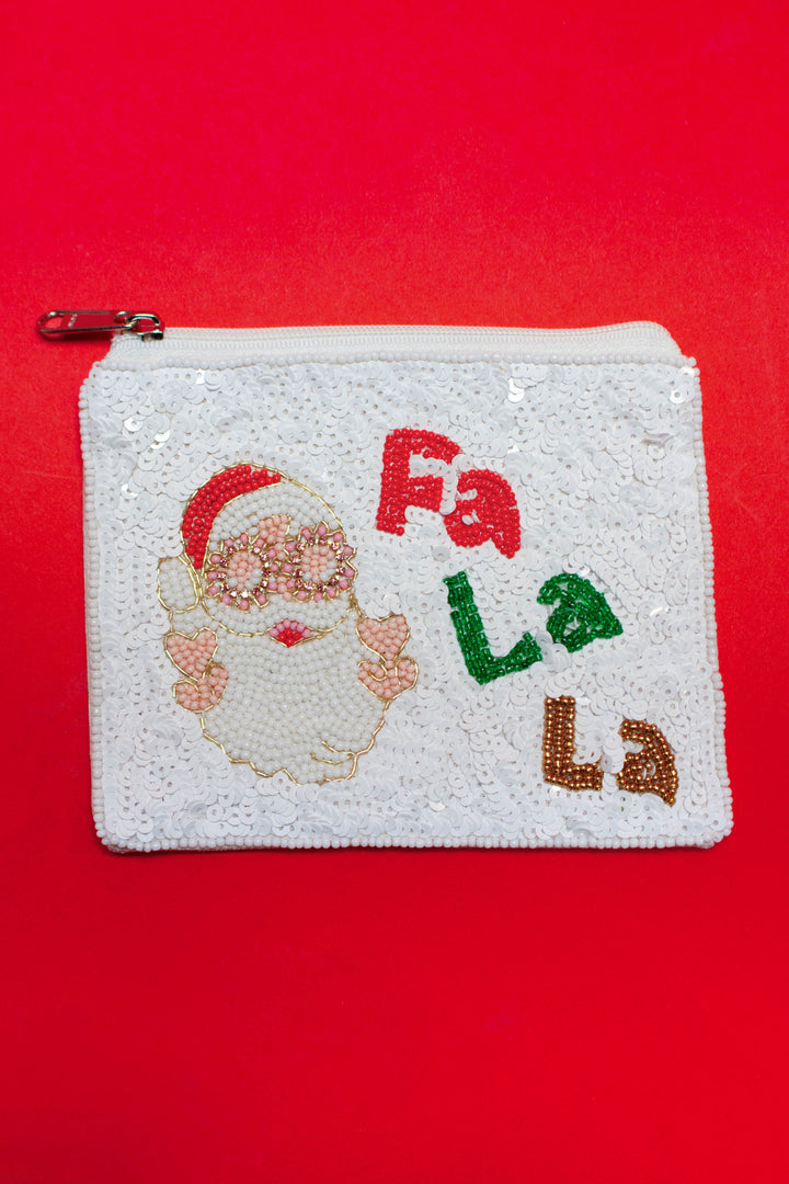White Santa 'Fa La La' Sequined Pouch