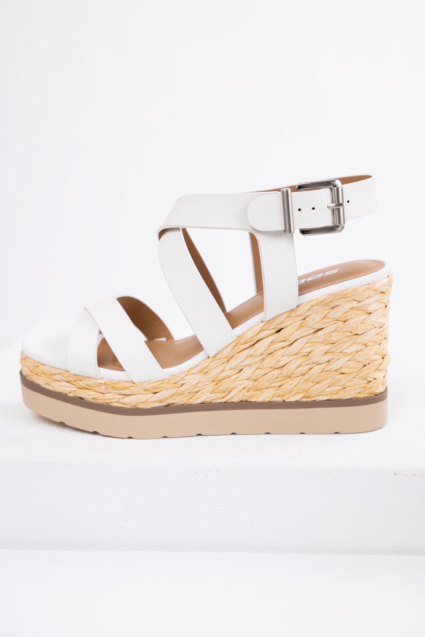 White Strappy Jute Braided Platform Wedges