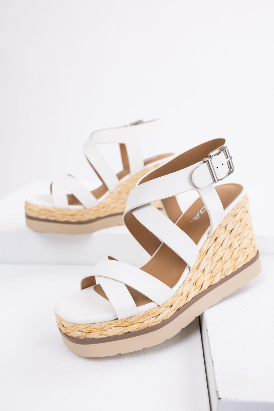 White Strappy Jute Braided Platform Wedges