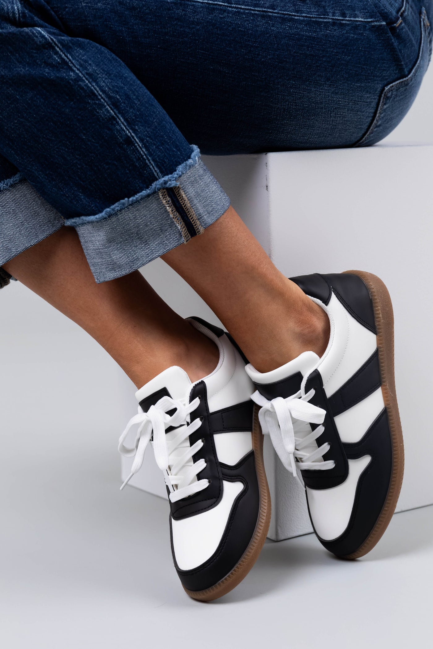 White and Black Colorblock Lace Up Sneakers
