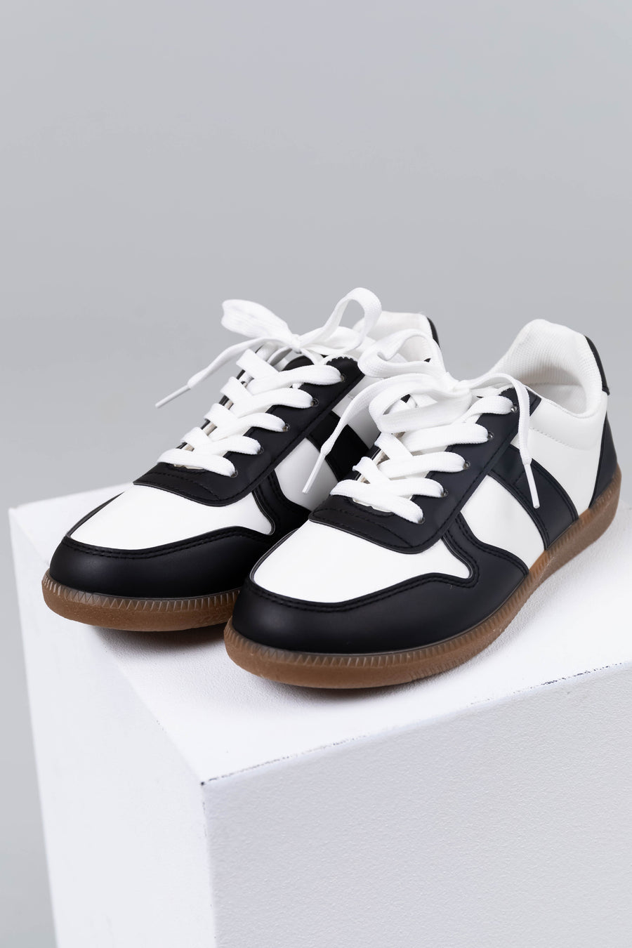 White and Black Colorblock Lace Up Sneakers
