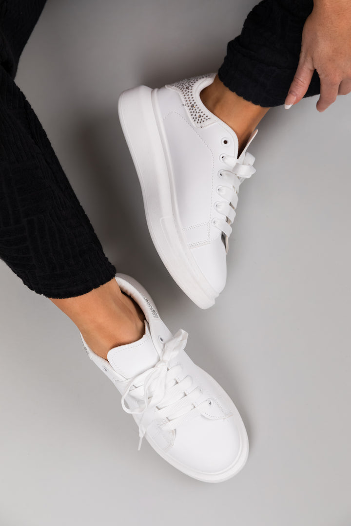 White and Silver Chunky Lace Up Tennis Shoes