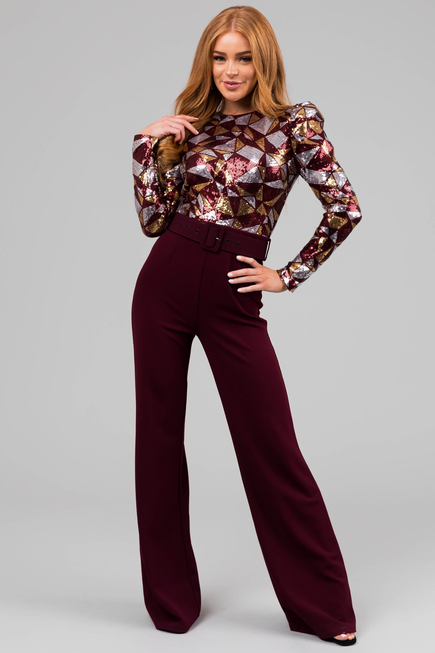 Wine Abstract Sequin Print Wide Leg Jumpsuit