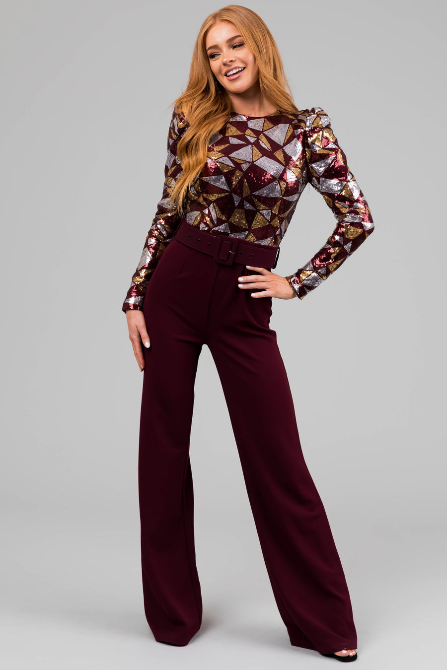 Wine Abstract Sequin Print Wide Leg Jumpsuit